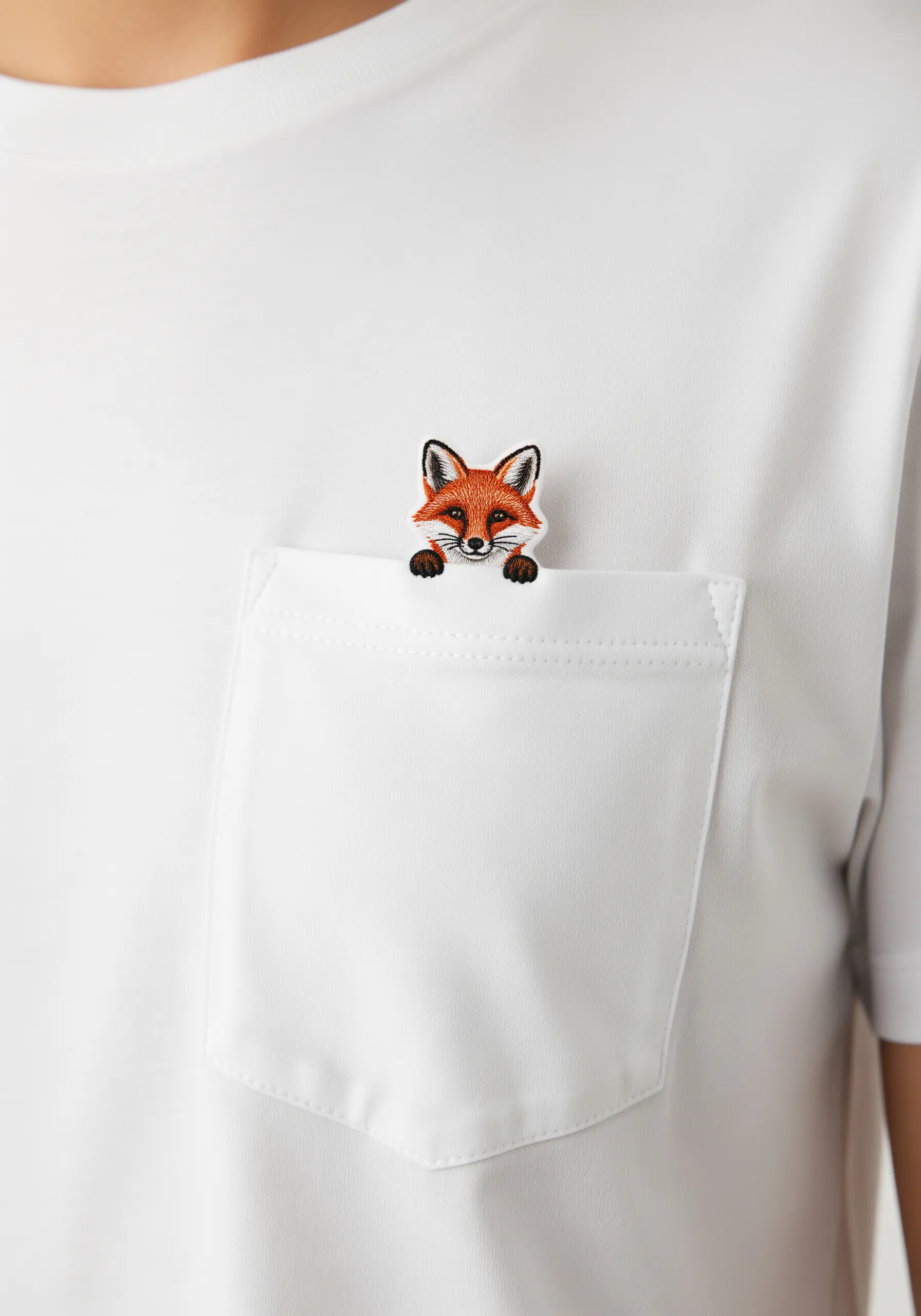 An embroidered fox peeking out of the pocket of a white T-shirt.