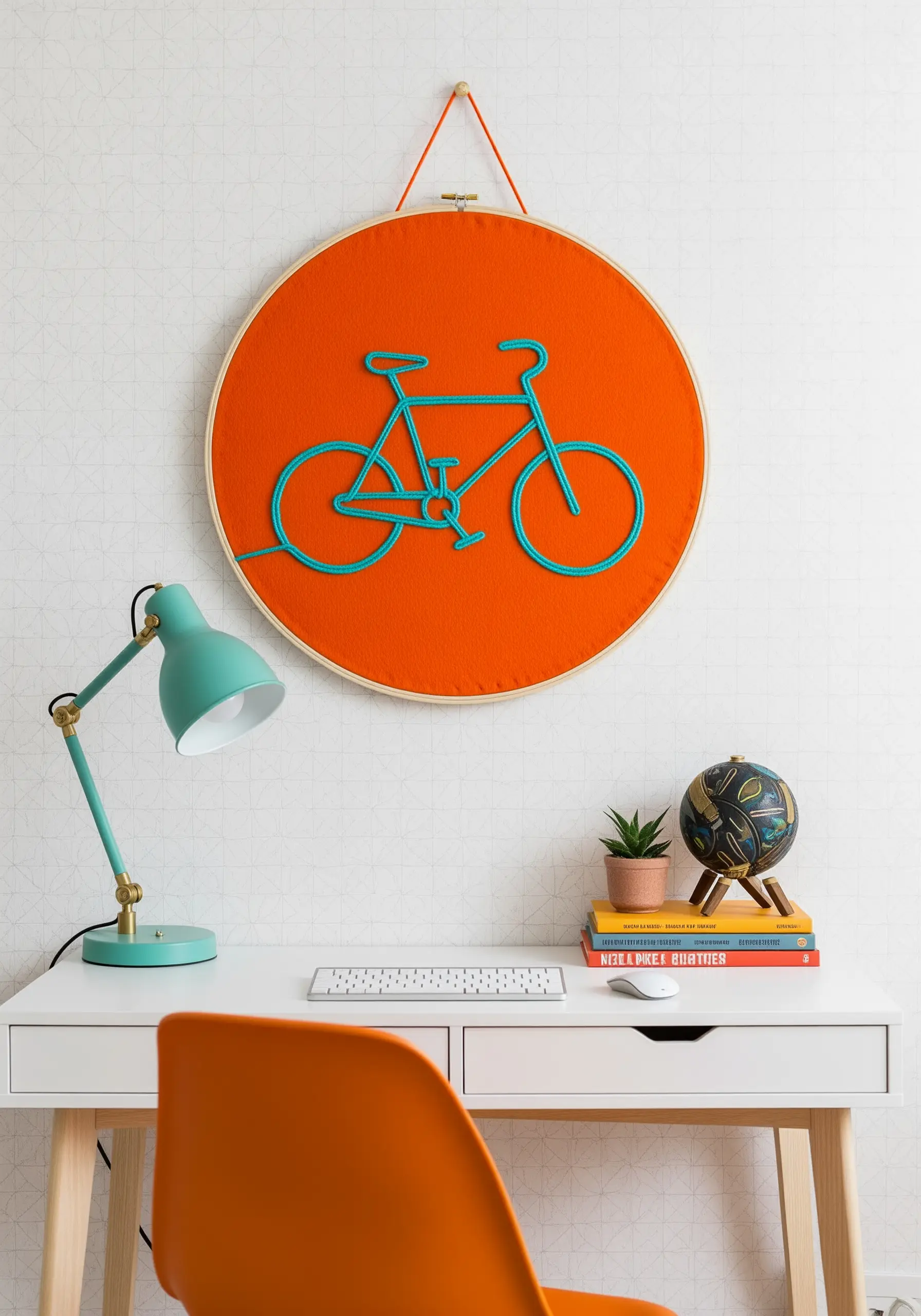 A bright blue bicycle made with thick yarn couched onto a vibrant orange hoop.