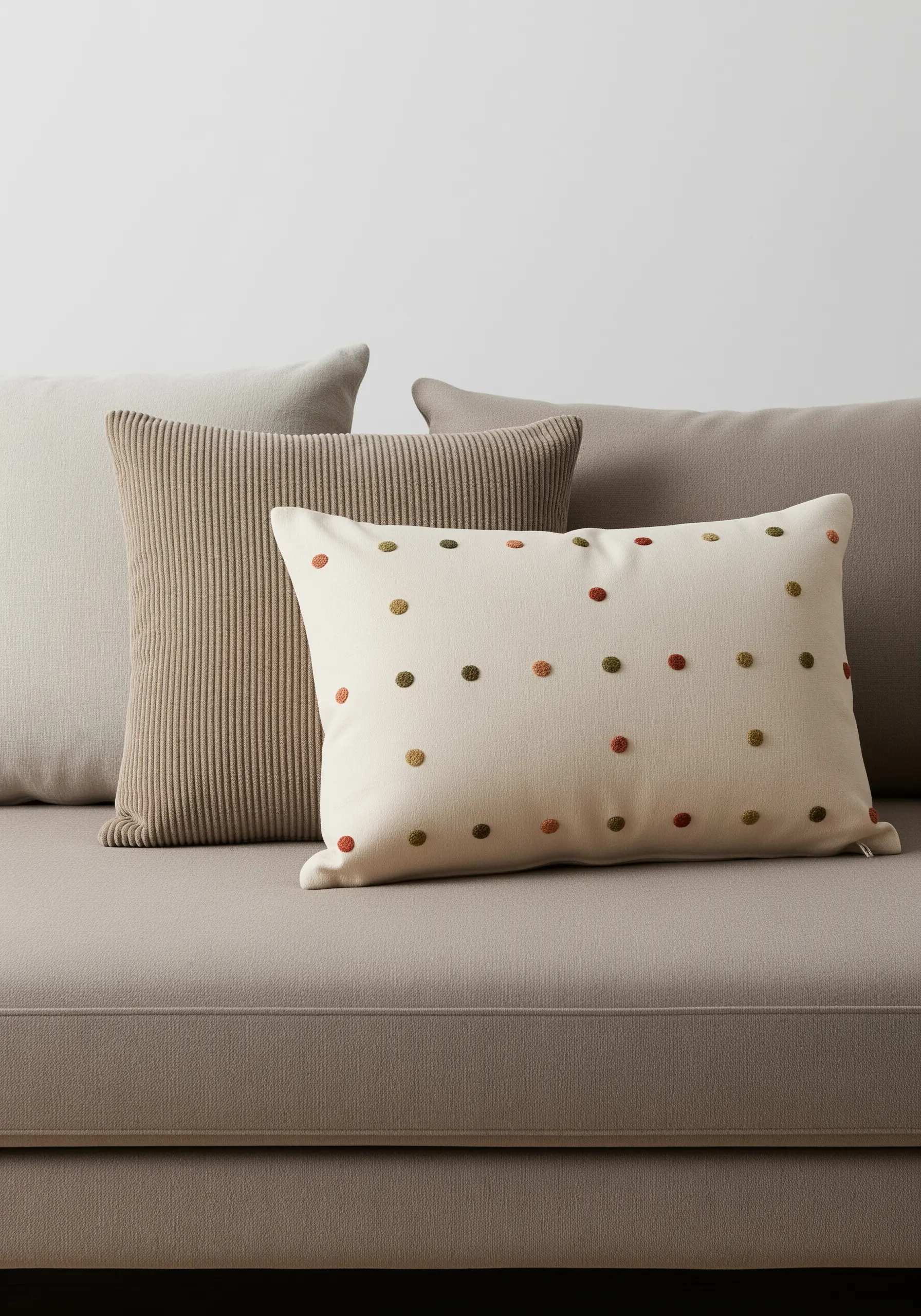 An off-white pillow decorated with scattered French knots in earthy red, green, and gold.