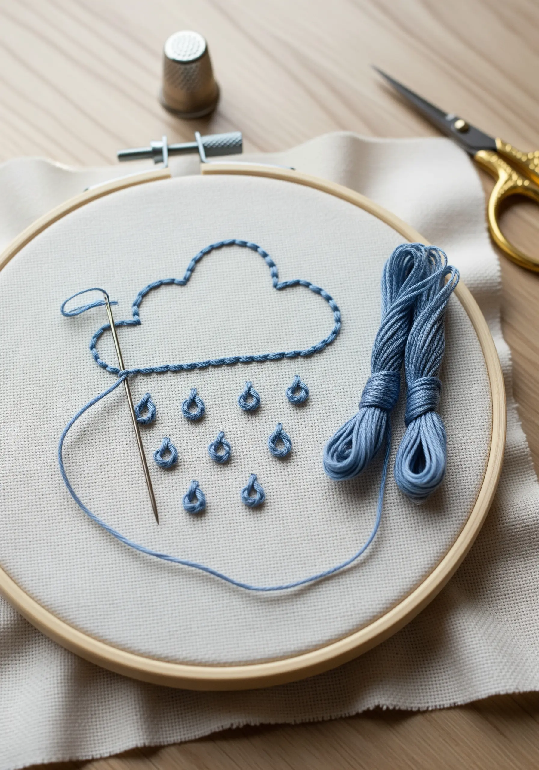 An embroidered rain cloud with a backstitch outline and textured lazy daisy stitch raindrops.