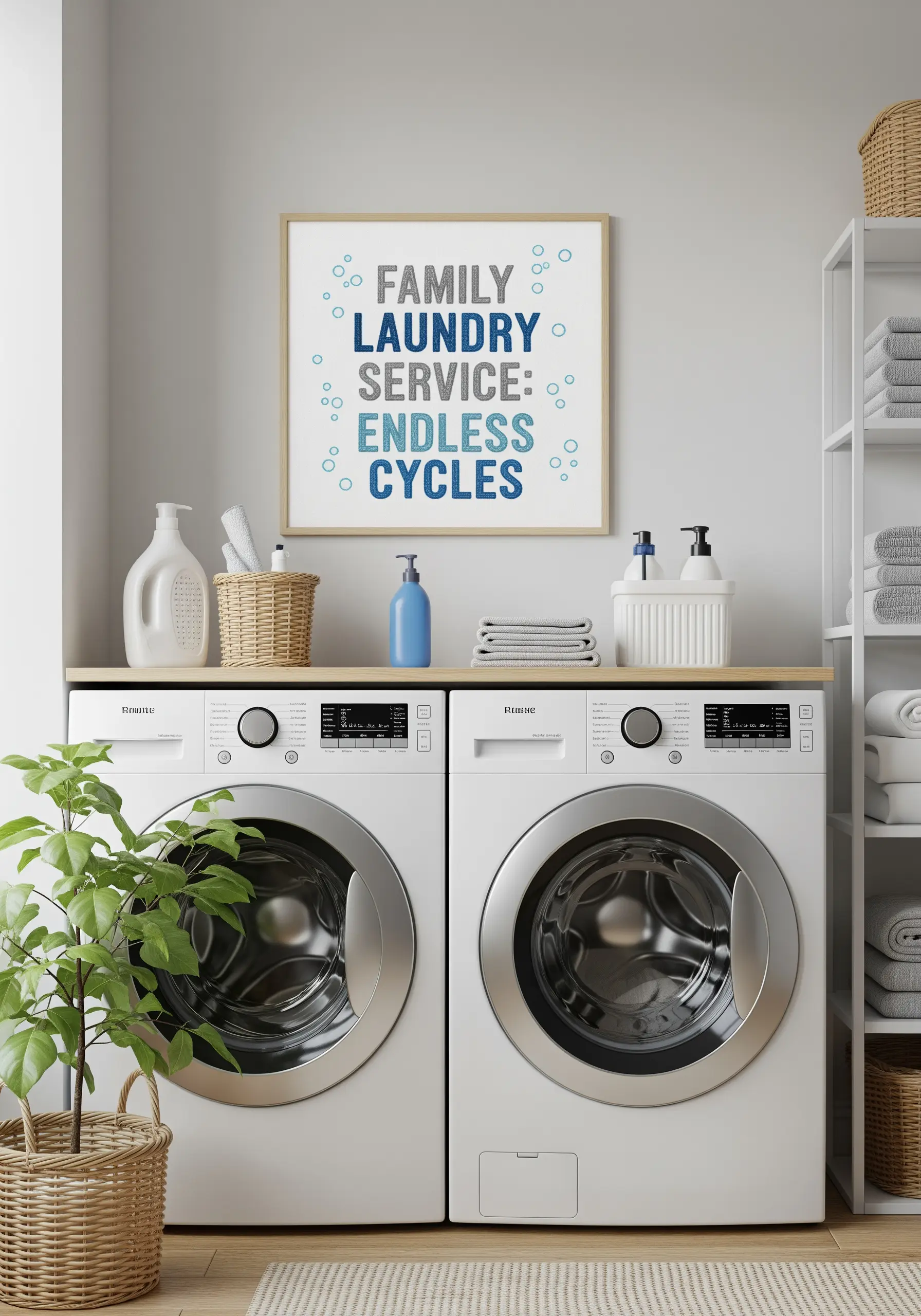 A framed embroidery sign in a laundry room with a humorous quote about laundry.