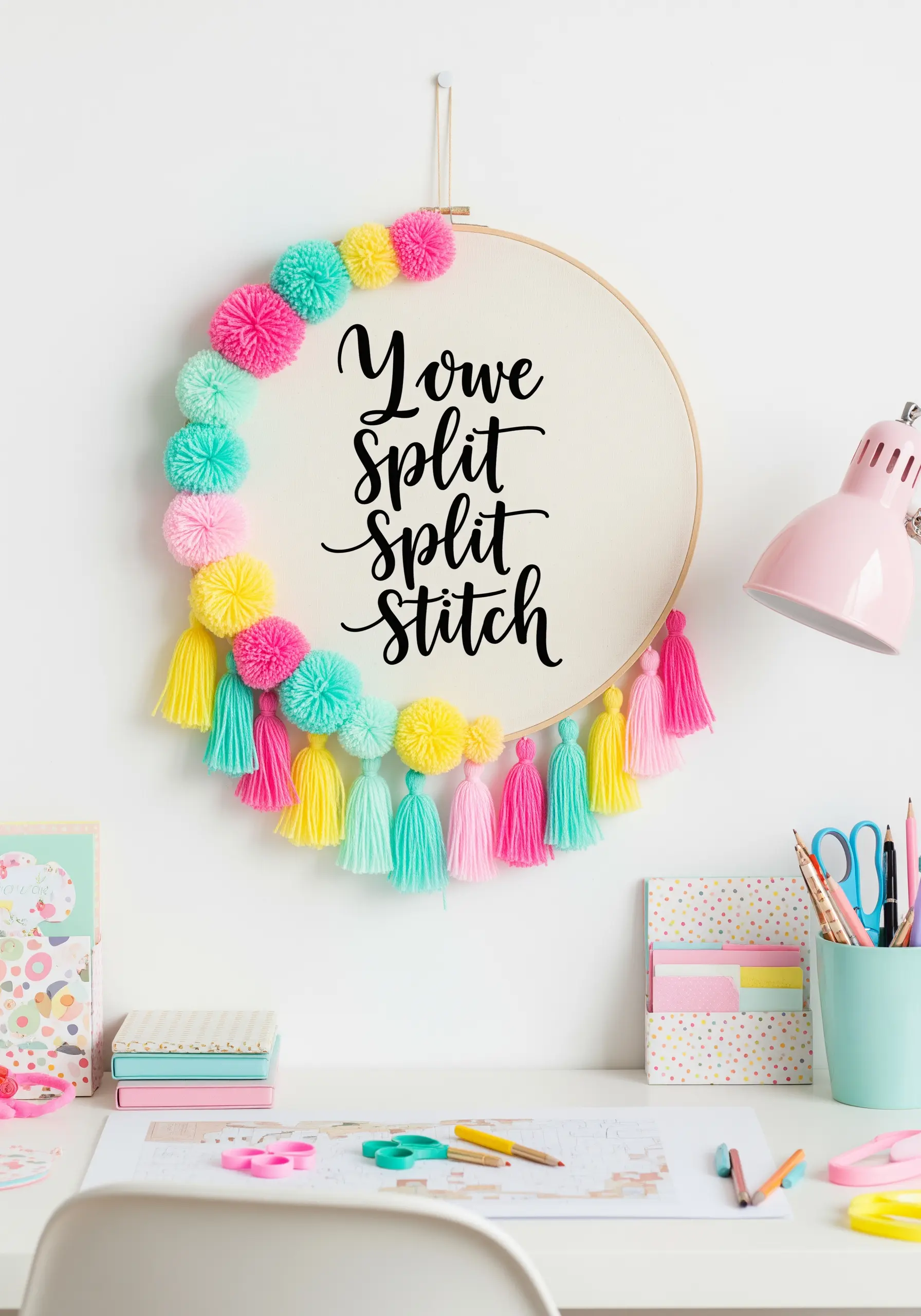 Embroidery hoop with text 'You Split Stitch' and pom-pom border