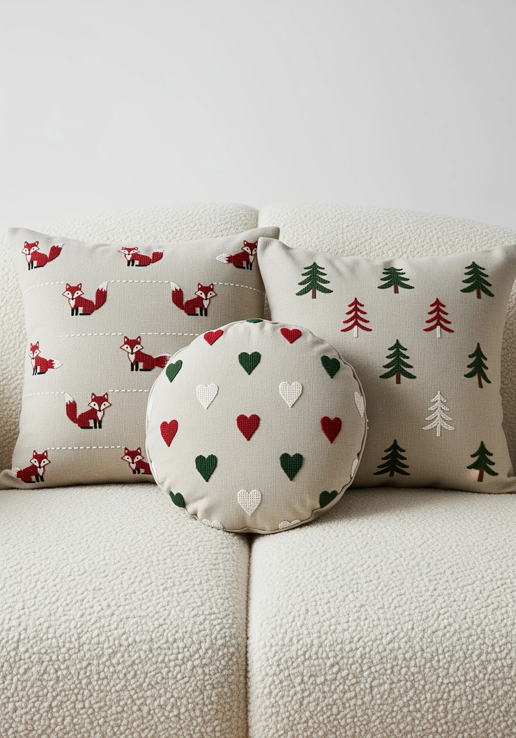 Embroidered foxes, trees, and hearts in a repeating pattern on neutral linen pillows.