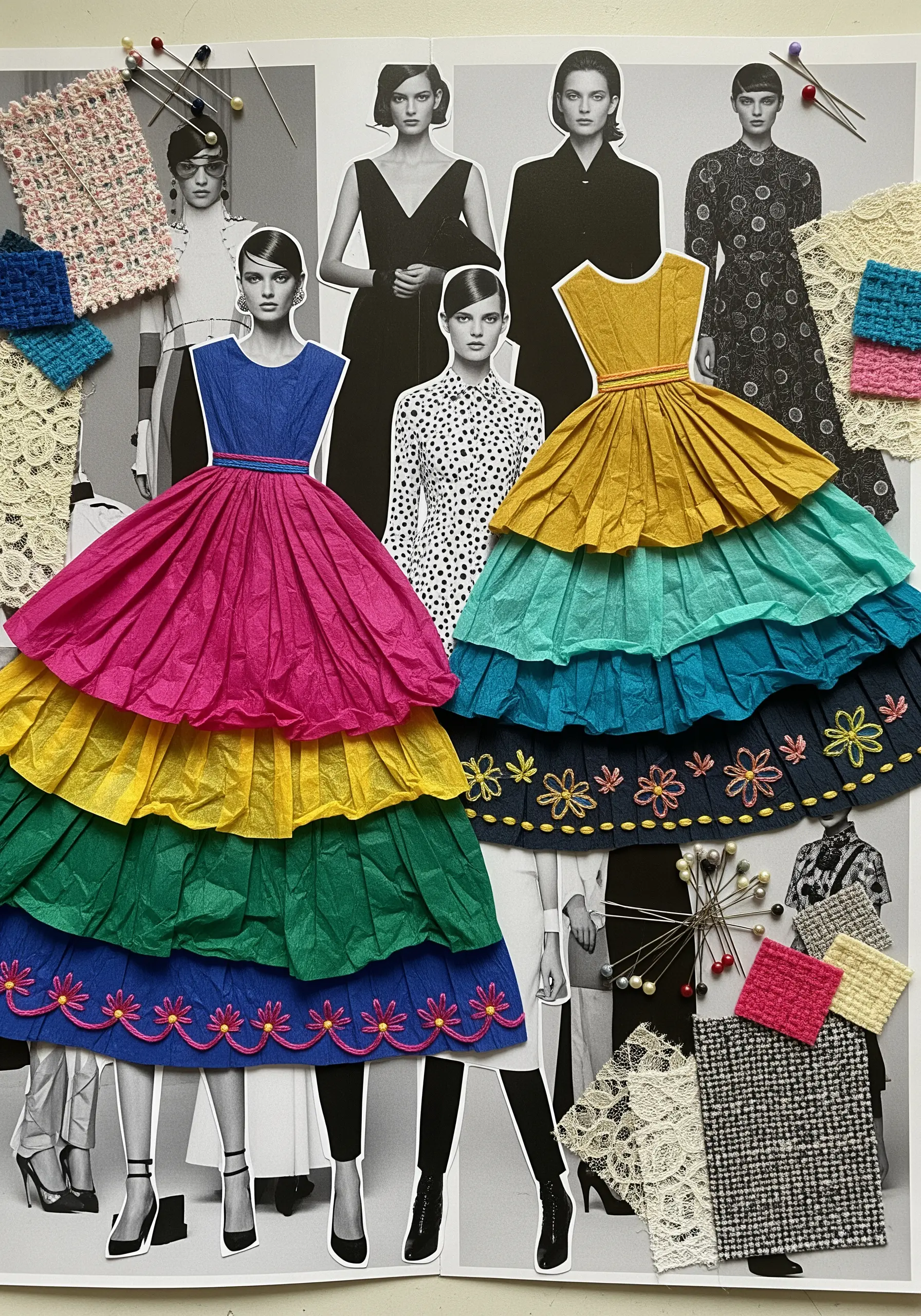 Fashion sketches with stitched pleated paper dresses