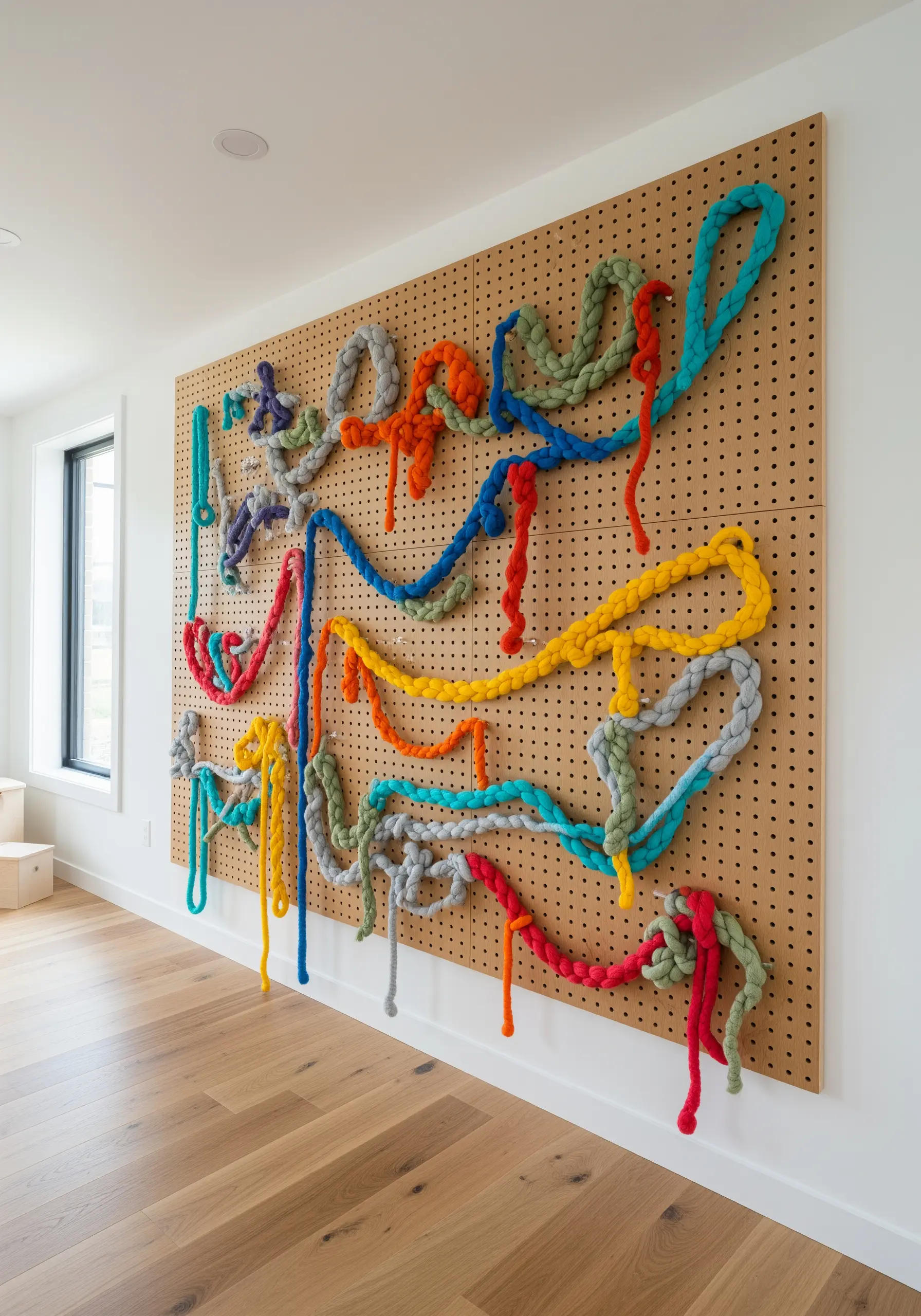 Colorful, thick knitted tubes of yarn arranged in abstract lines on a large pegboard wall.
