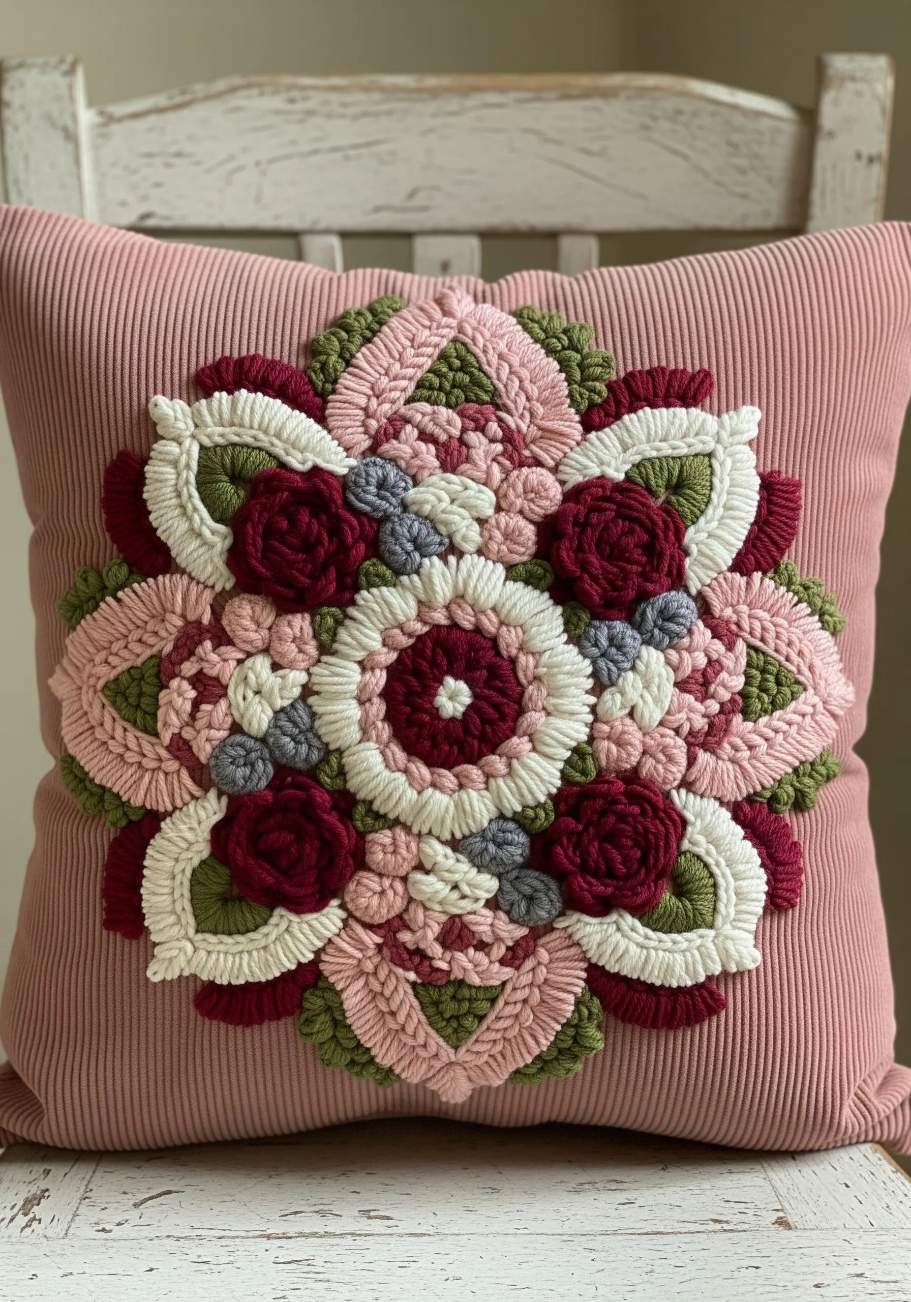 Dimensional floral mandala embroidered with thick yarn on a pink corduroy pillow.