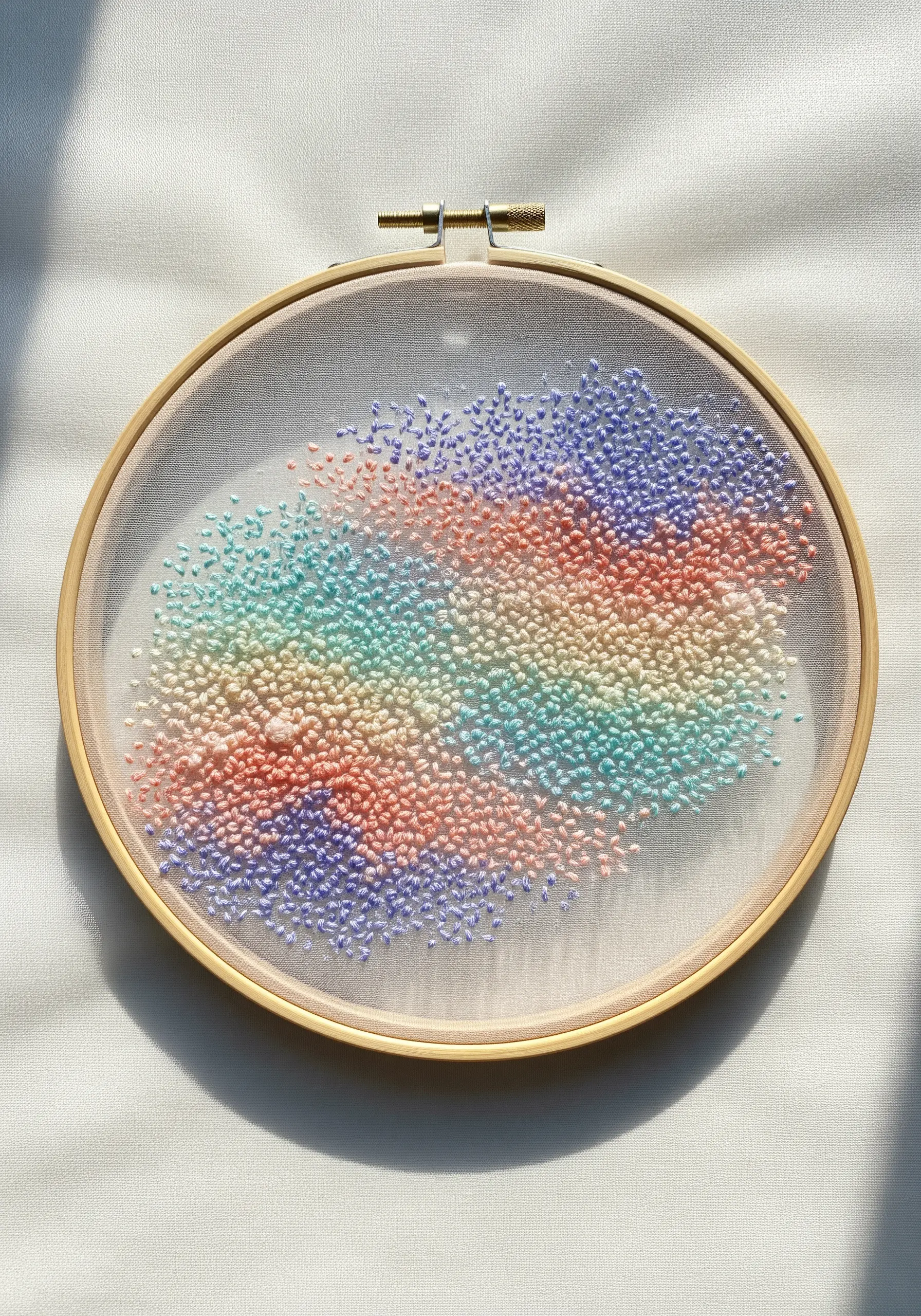 Pastel French knots clustered on sheer tulle fabric to create a soft, blended texture.