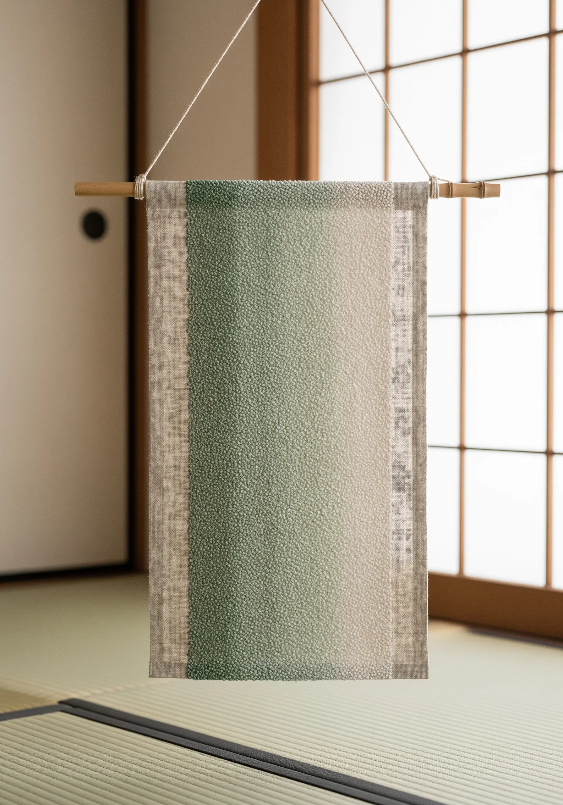 A sheer wall hanging with a gradient made of tiny green and white knots, densest at one side.