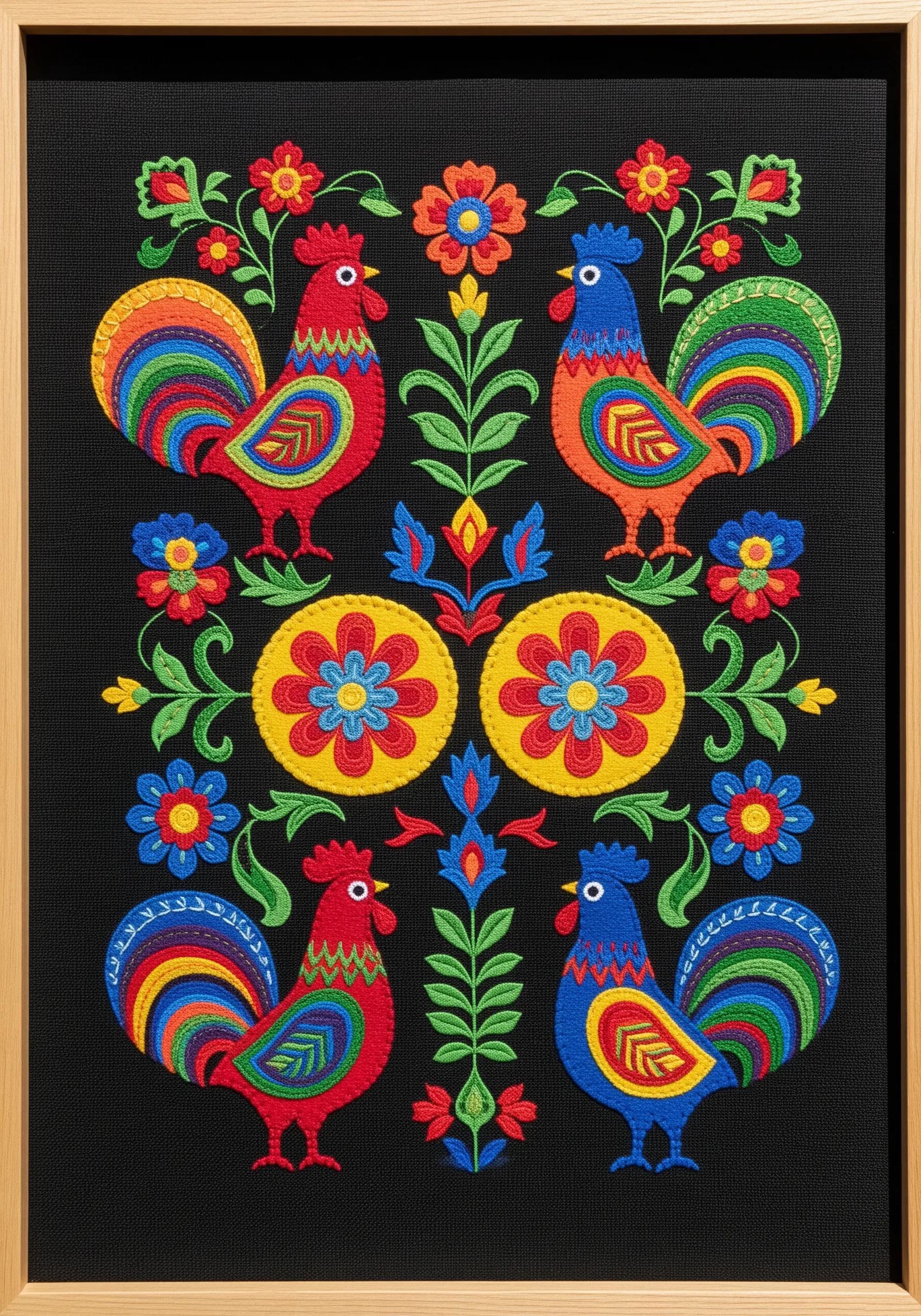Polish folk art embroidery with symmetrical roosters and flowers in vibrant colors.