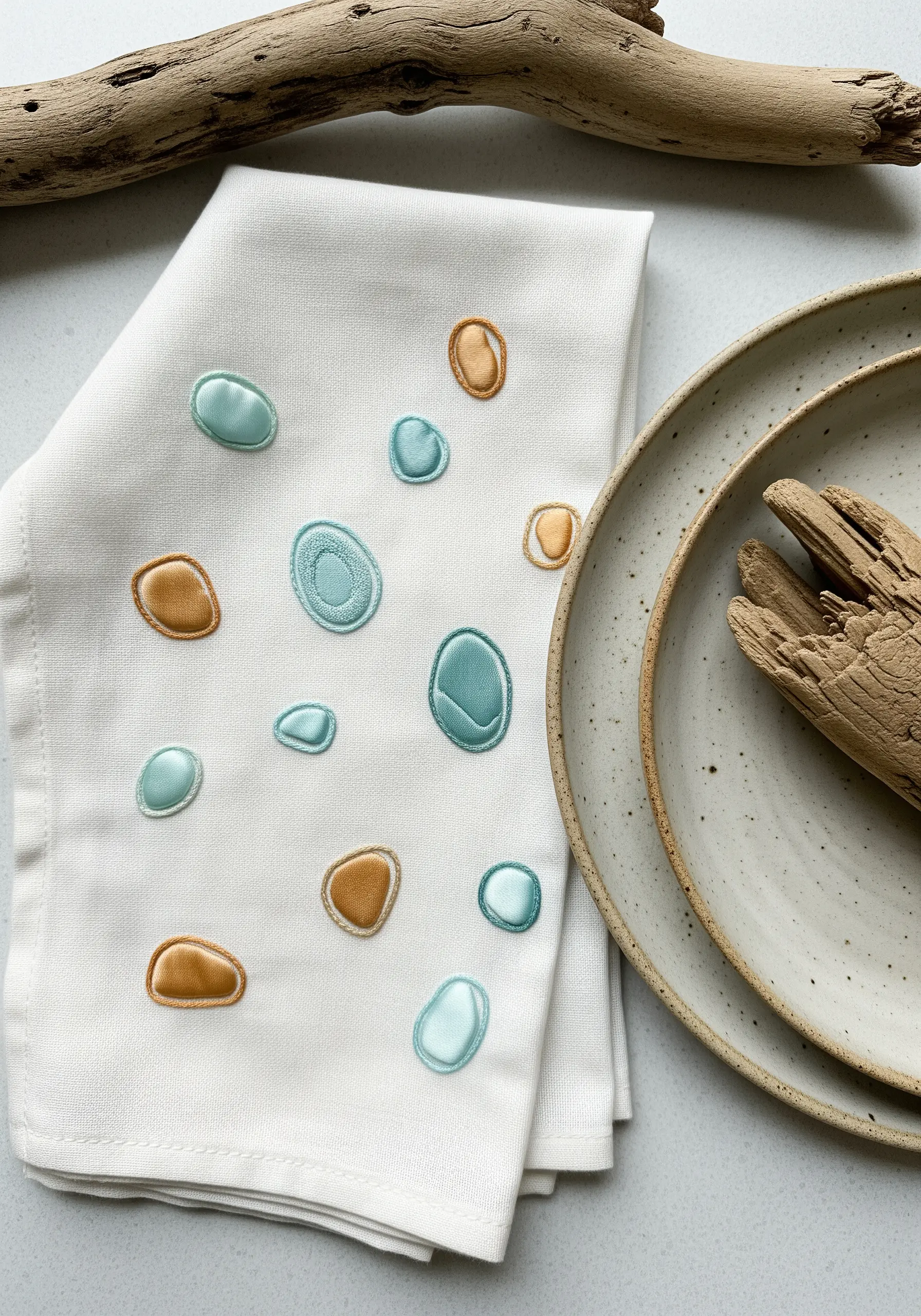 Smooth, raised pebble shapes in blue and tan embroidered on a white napkin