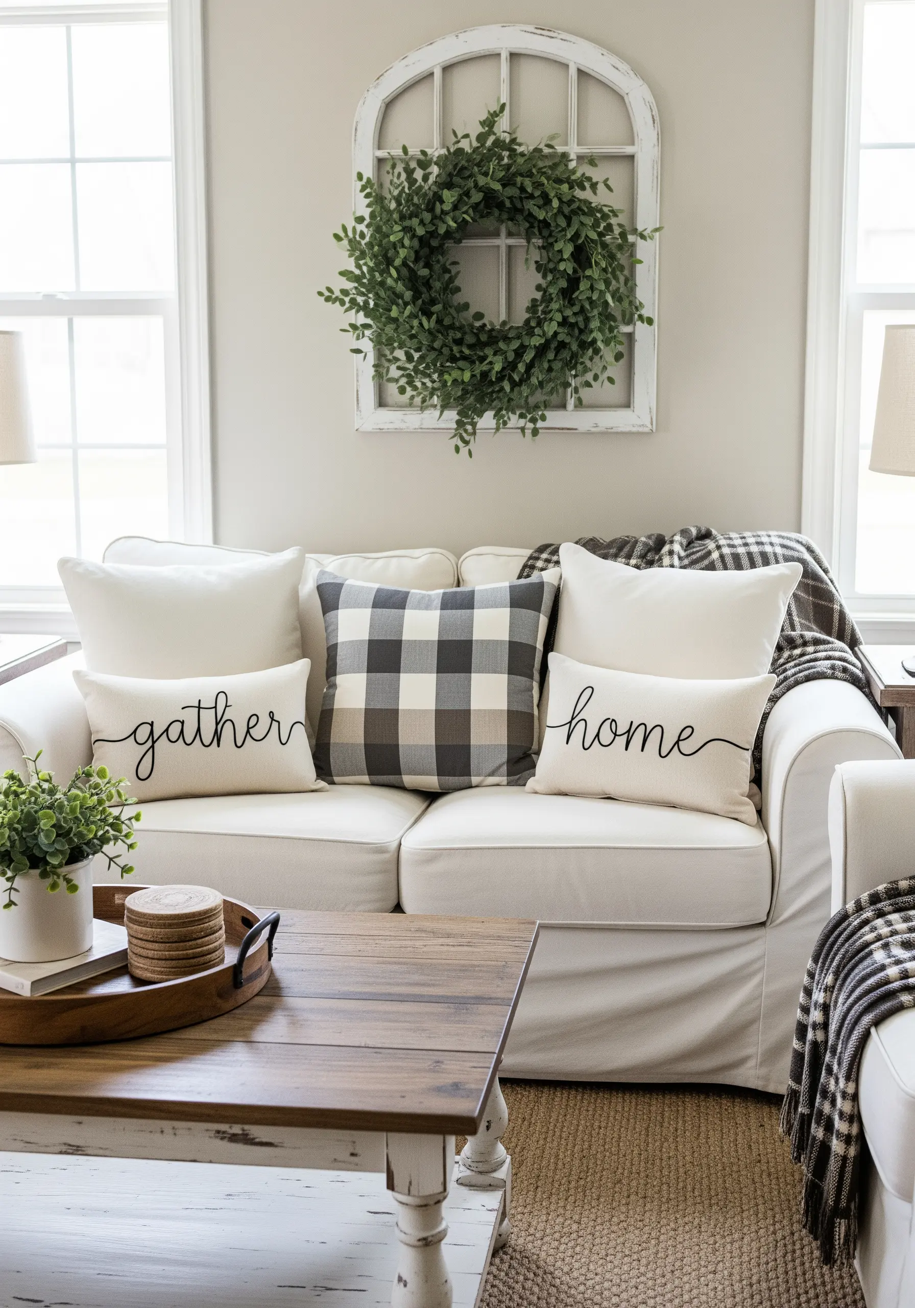 Two cushions with the words 'gather' and 'home' embroidered in a clean, cursive script.