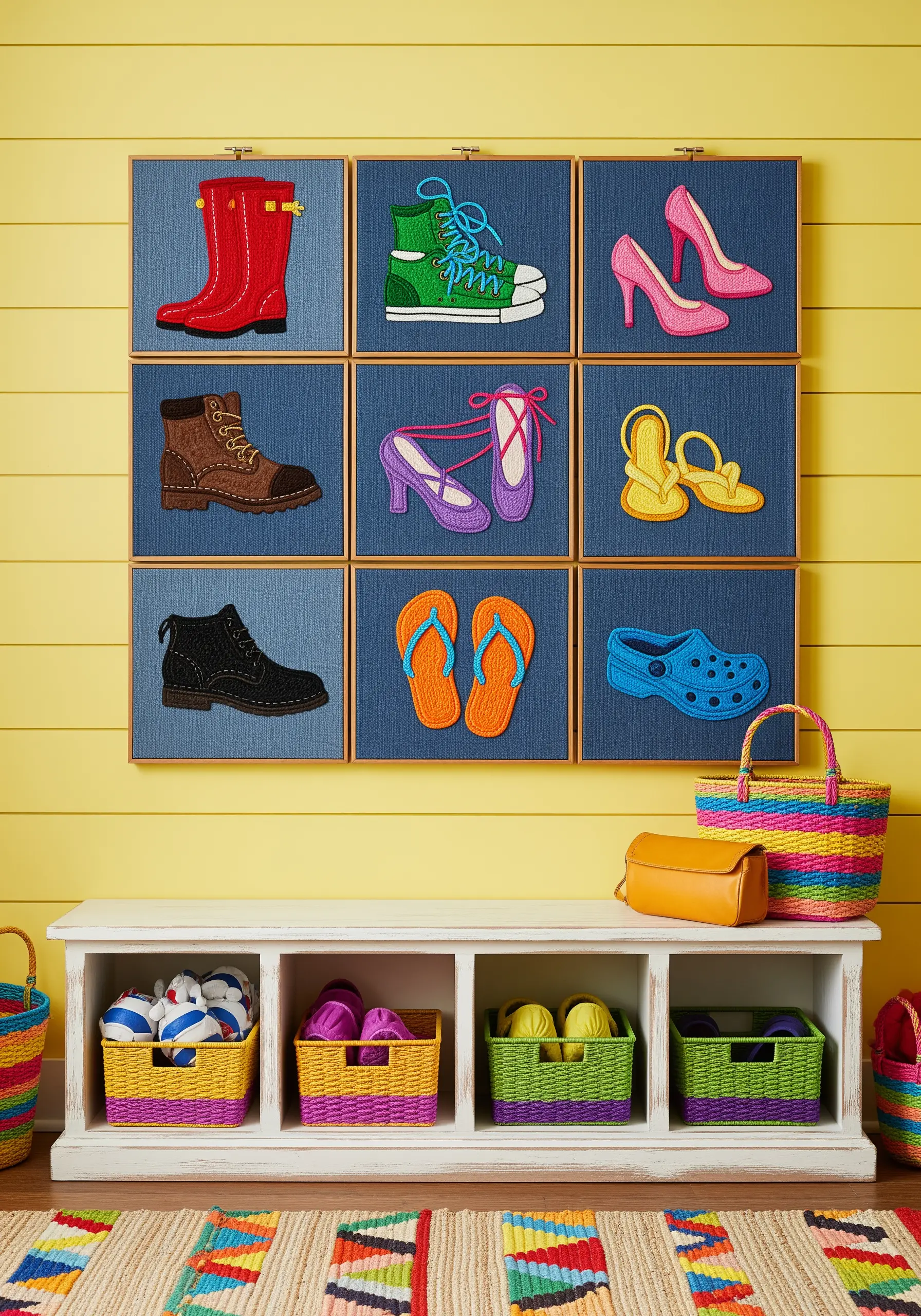 Colorful embroidery of shoes and boots on blue squares