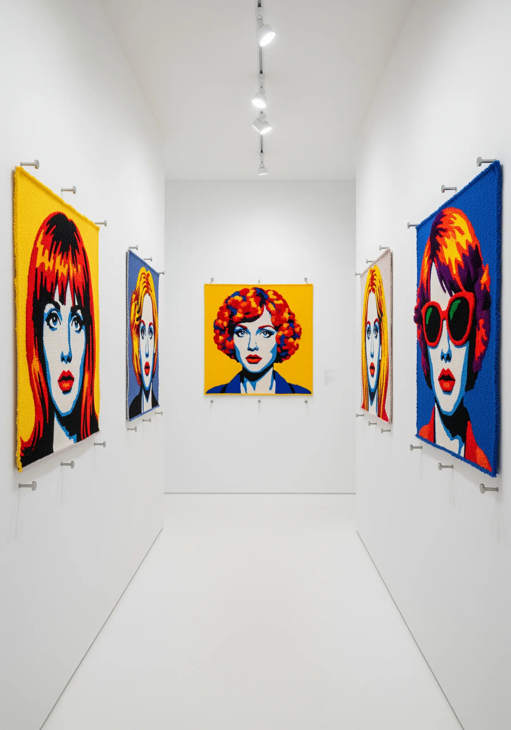 A white gallery hallway with large, unframed pop art portraits made with colorful yarn.