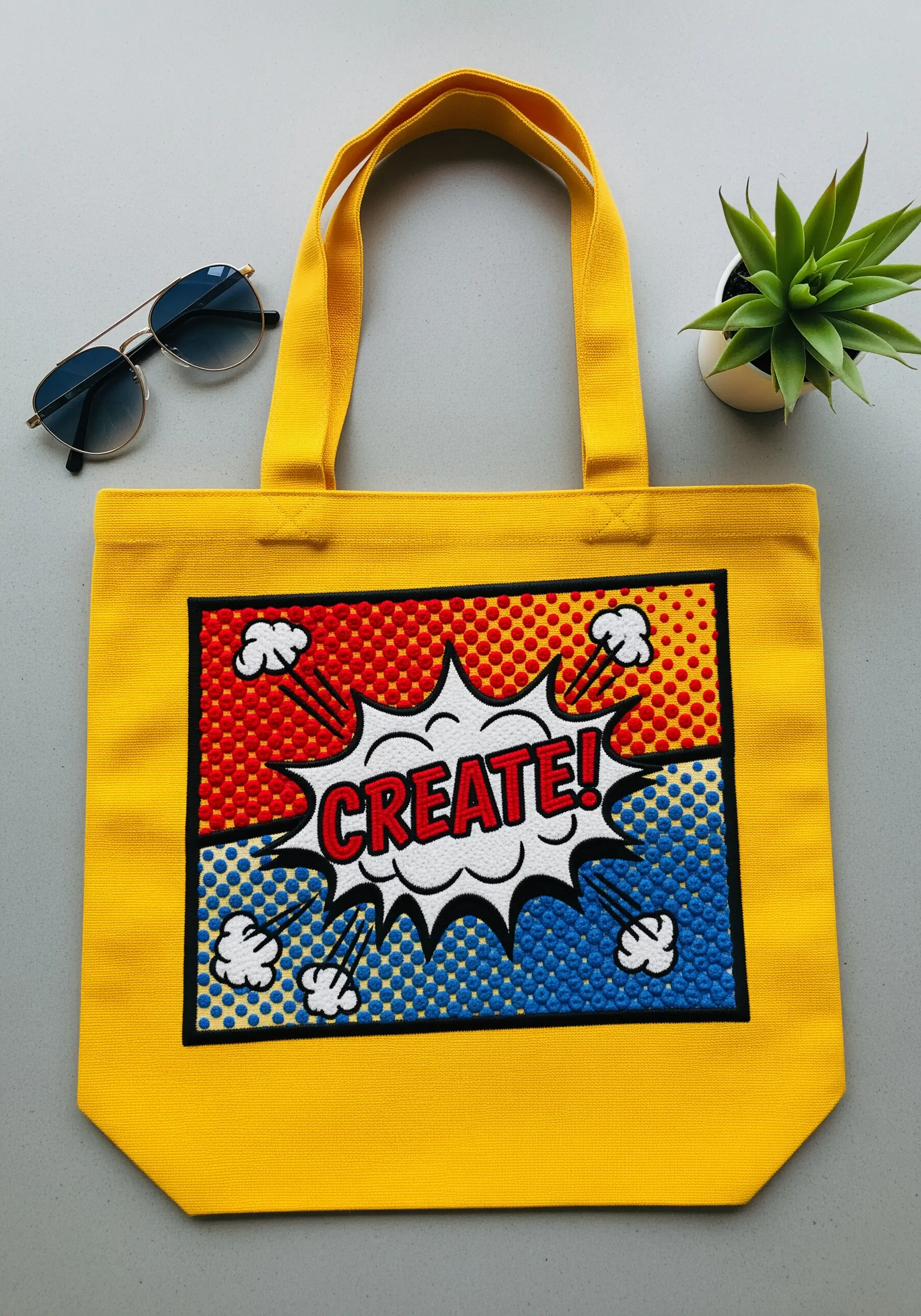 A pop art design with the word 'CREATE!' on a bright yellow tote, using French knots for texture.
