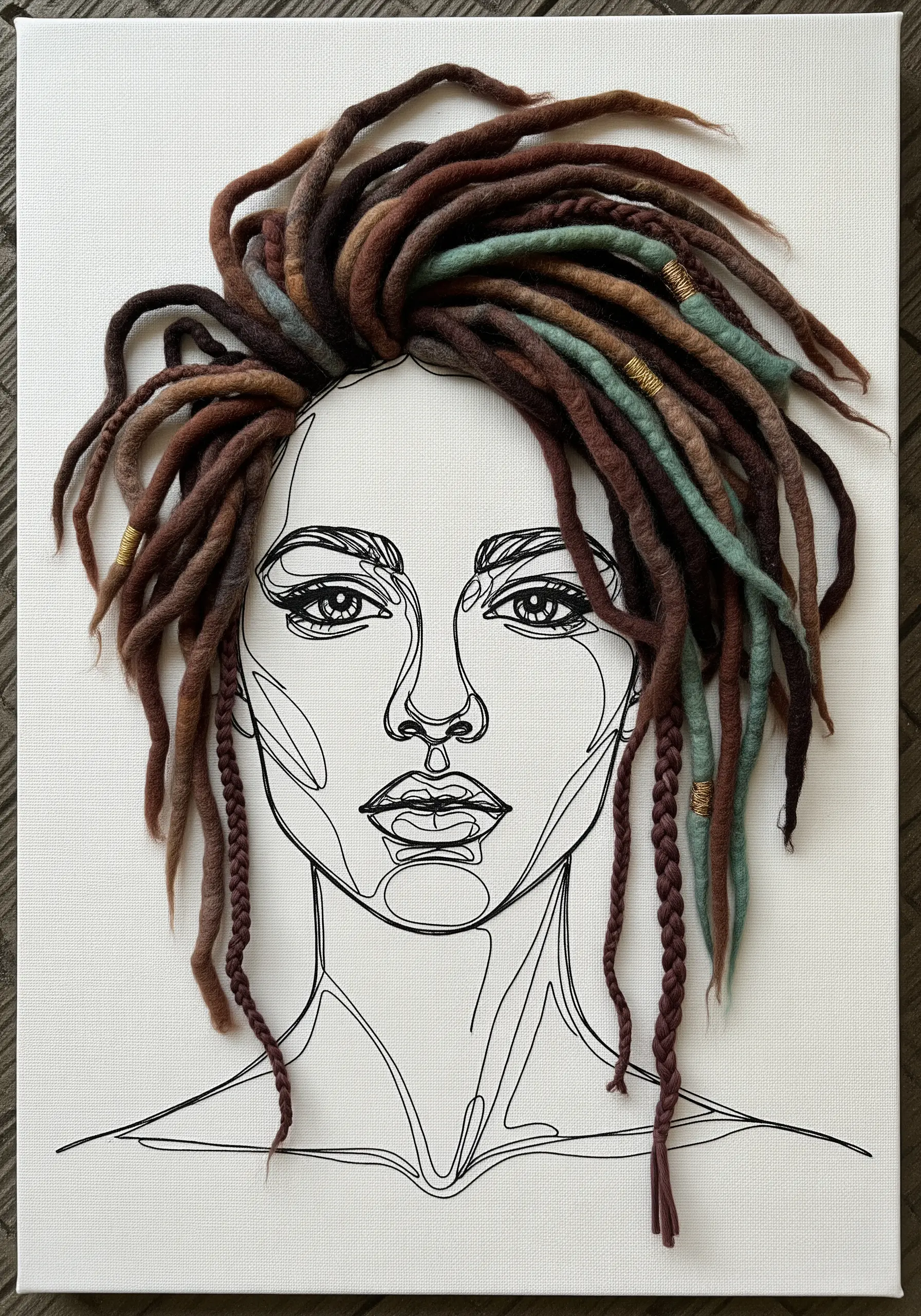 A minimal line art portrait with 3D hair made from multi-tonal felted wool dreadlocks.