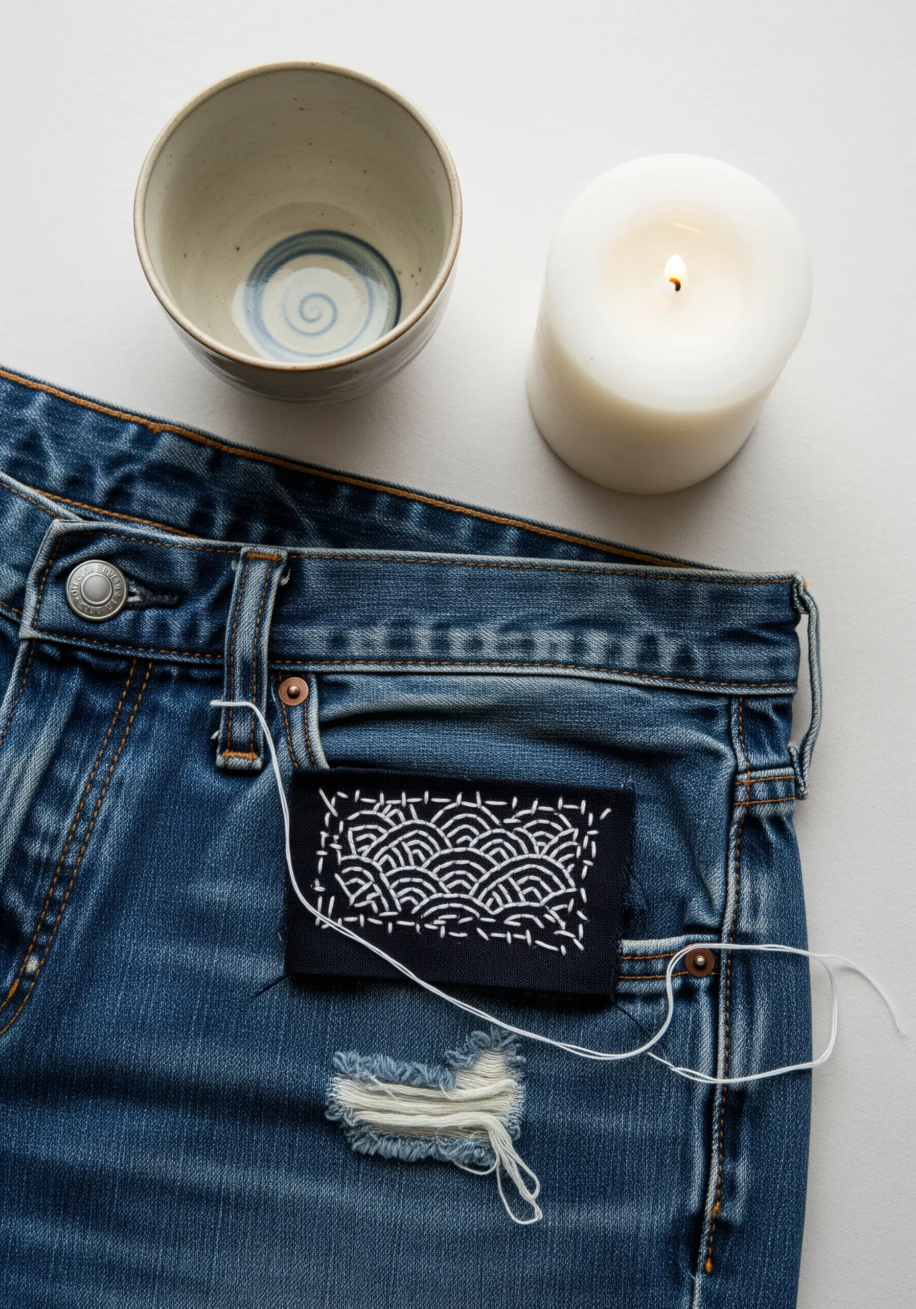 A Japanese sashiko patch with a wave pattern being stitched onto distressed denim jeans.