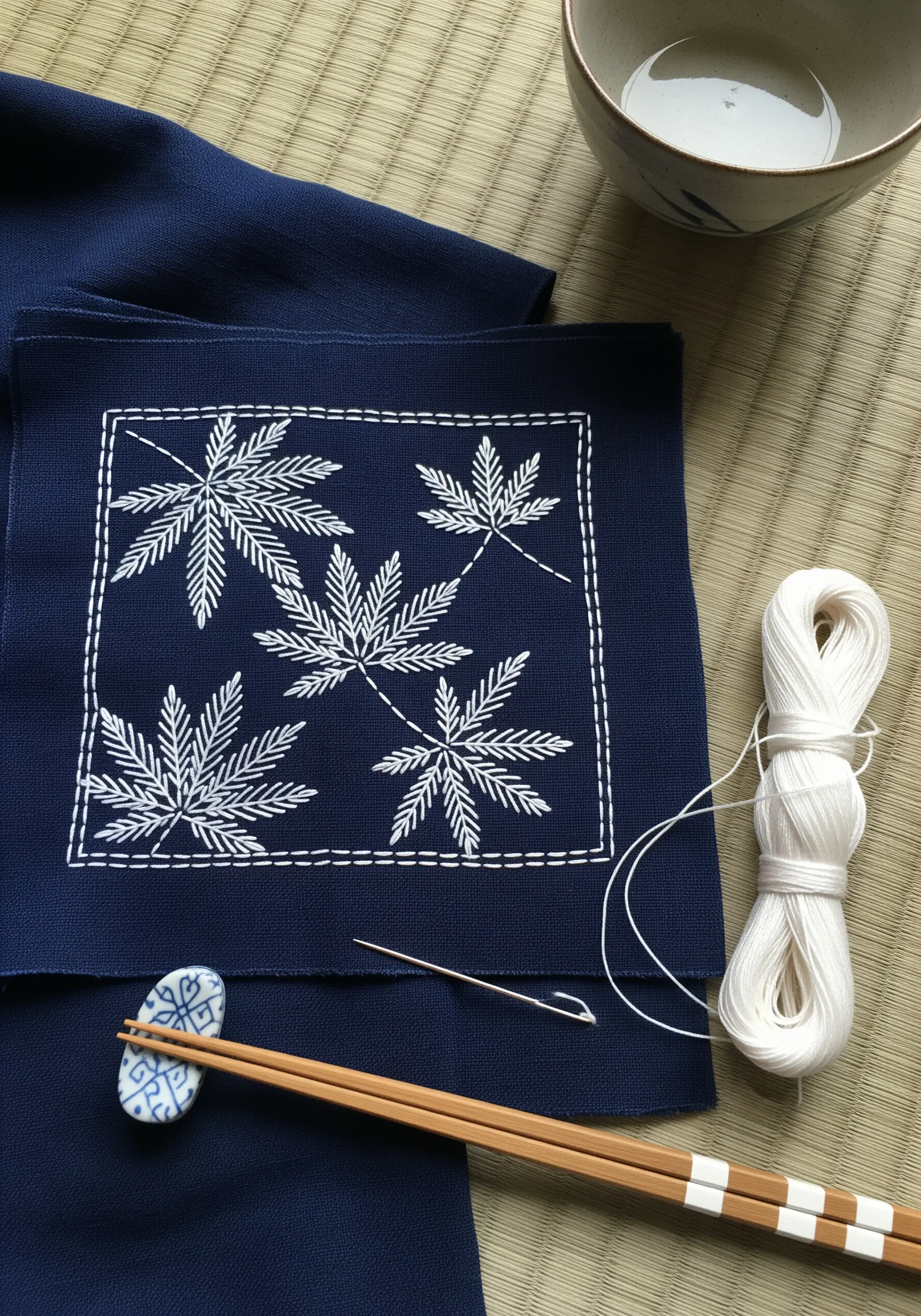 Japanese sashiko embroidery of maple leaves in white thread on indigo blue fabric.