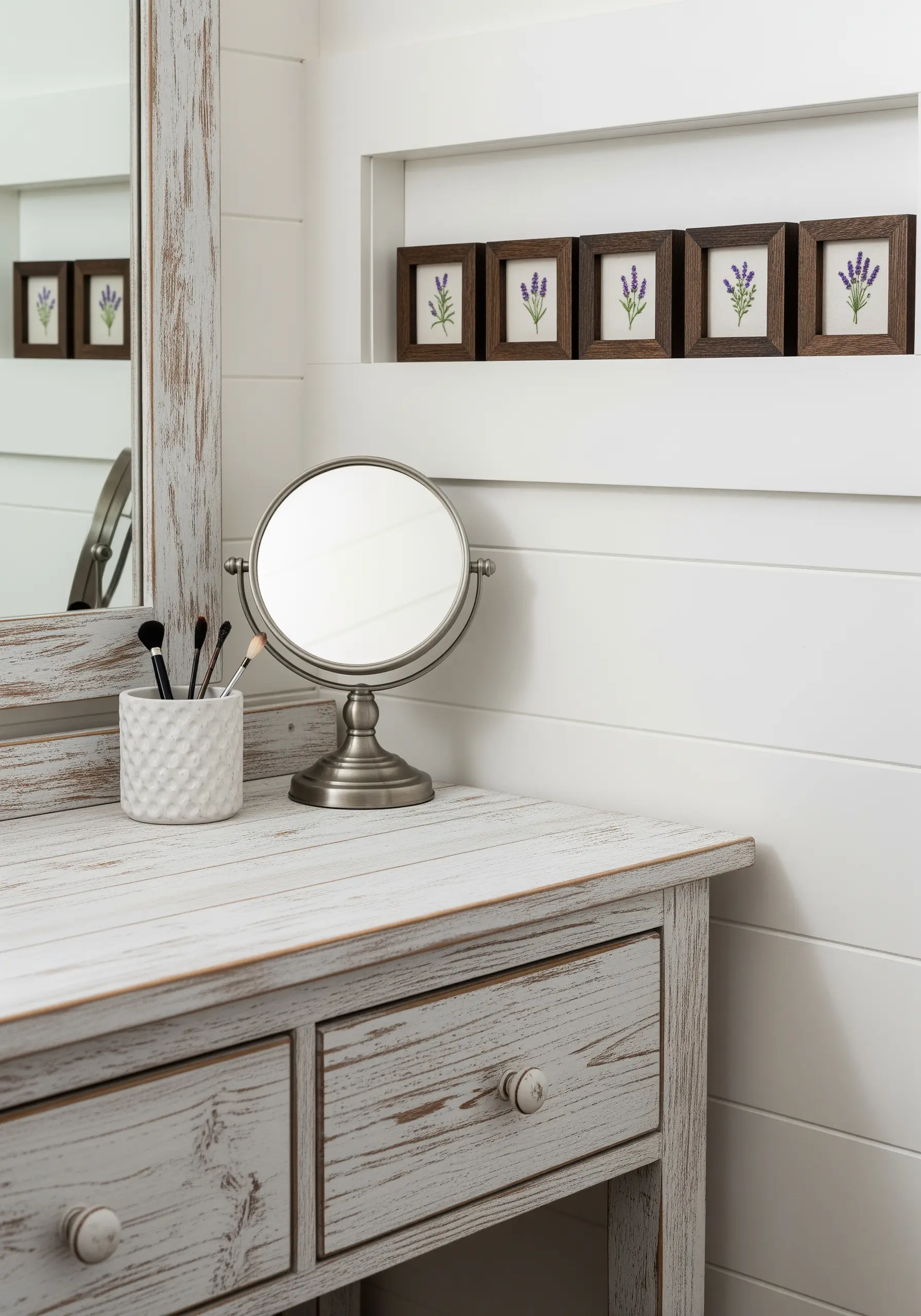 Five small, identical lavender embroideries in dark wood frames lined up on a shelf.