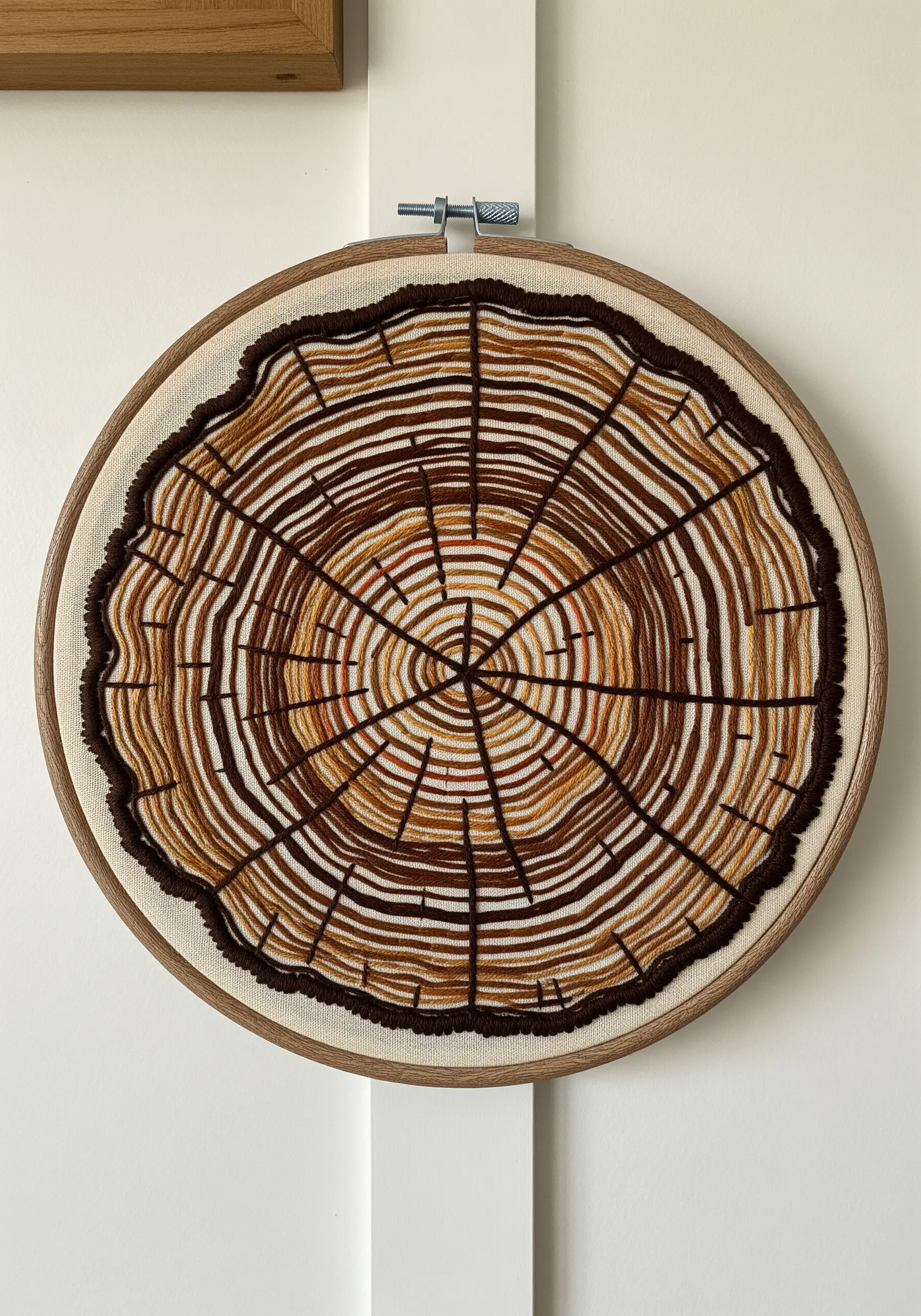 Embroidery hoop art of tree rings stitched in concentric circles of brown, tan, and gold.