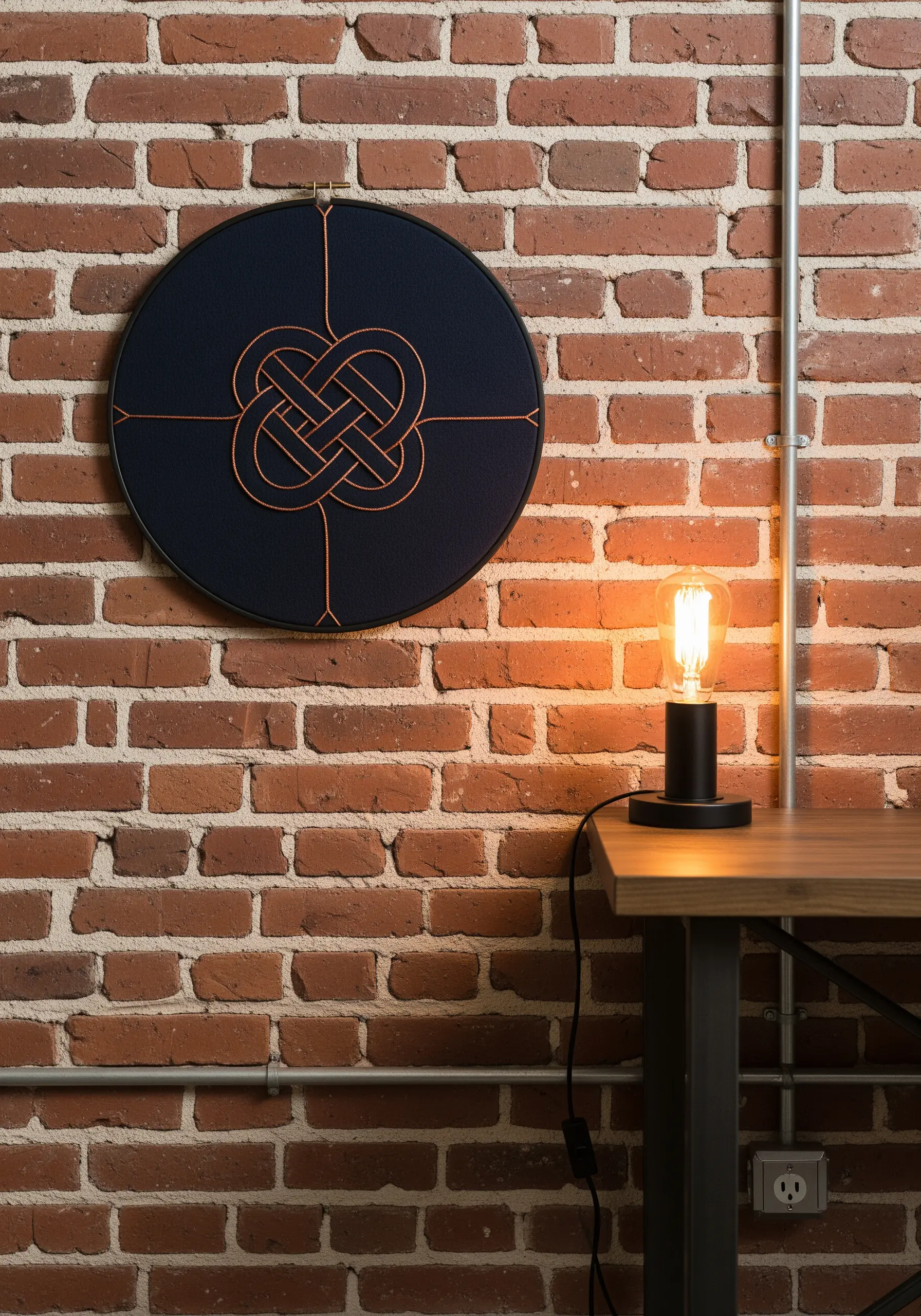 An intricate Celtic knot made with copper-colored cord couched onto a dark blue circular frame.