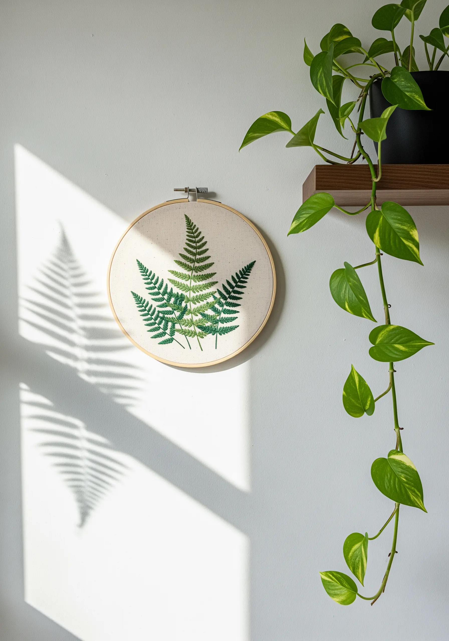 Detailed green fern embroidery hoop art using fly stitch on white fabric
