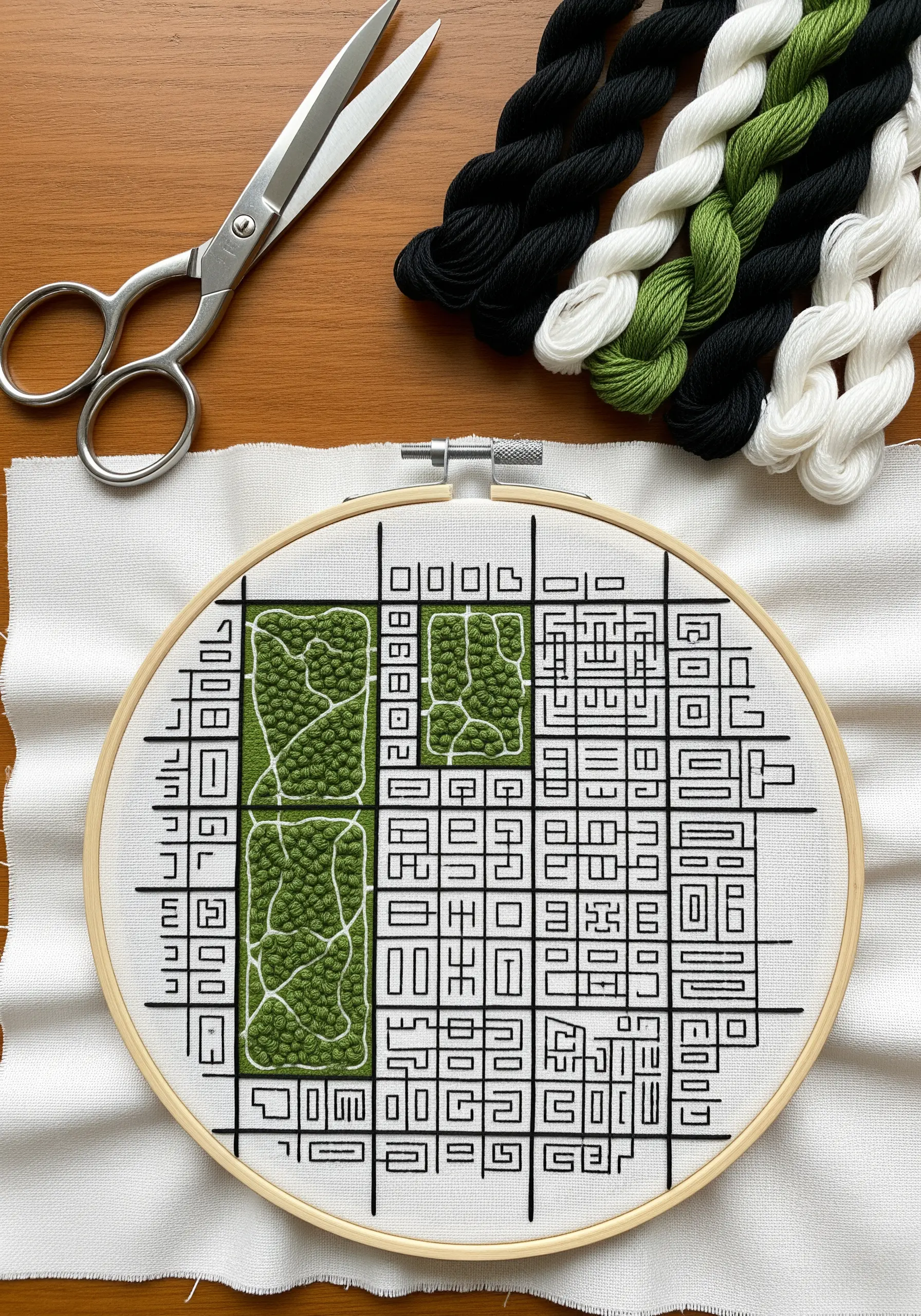 City map embroidery with black lines and green French knots