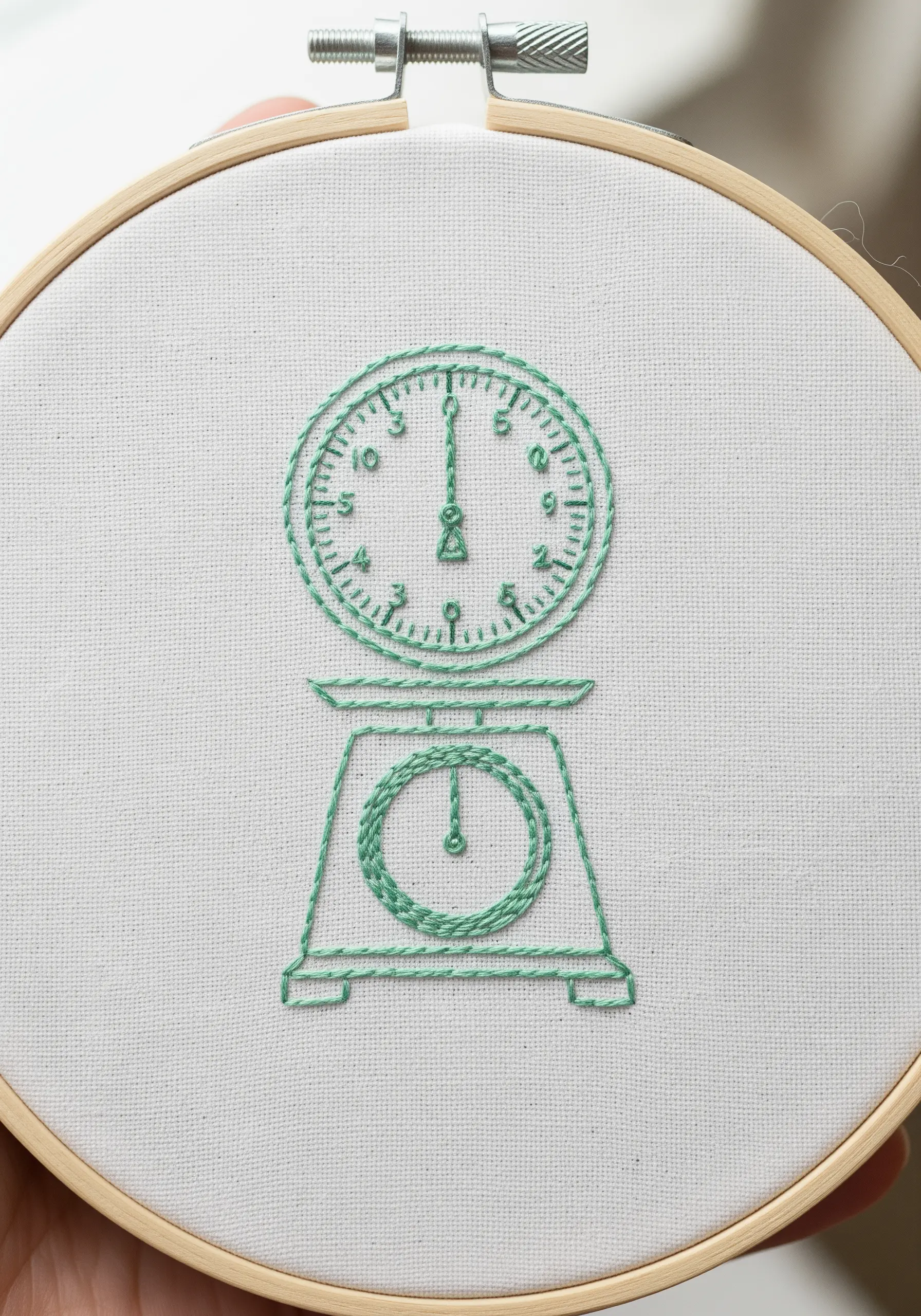 Mint green line art embroidery of a vintage kitchen scale