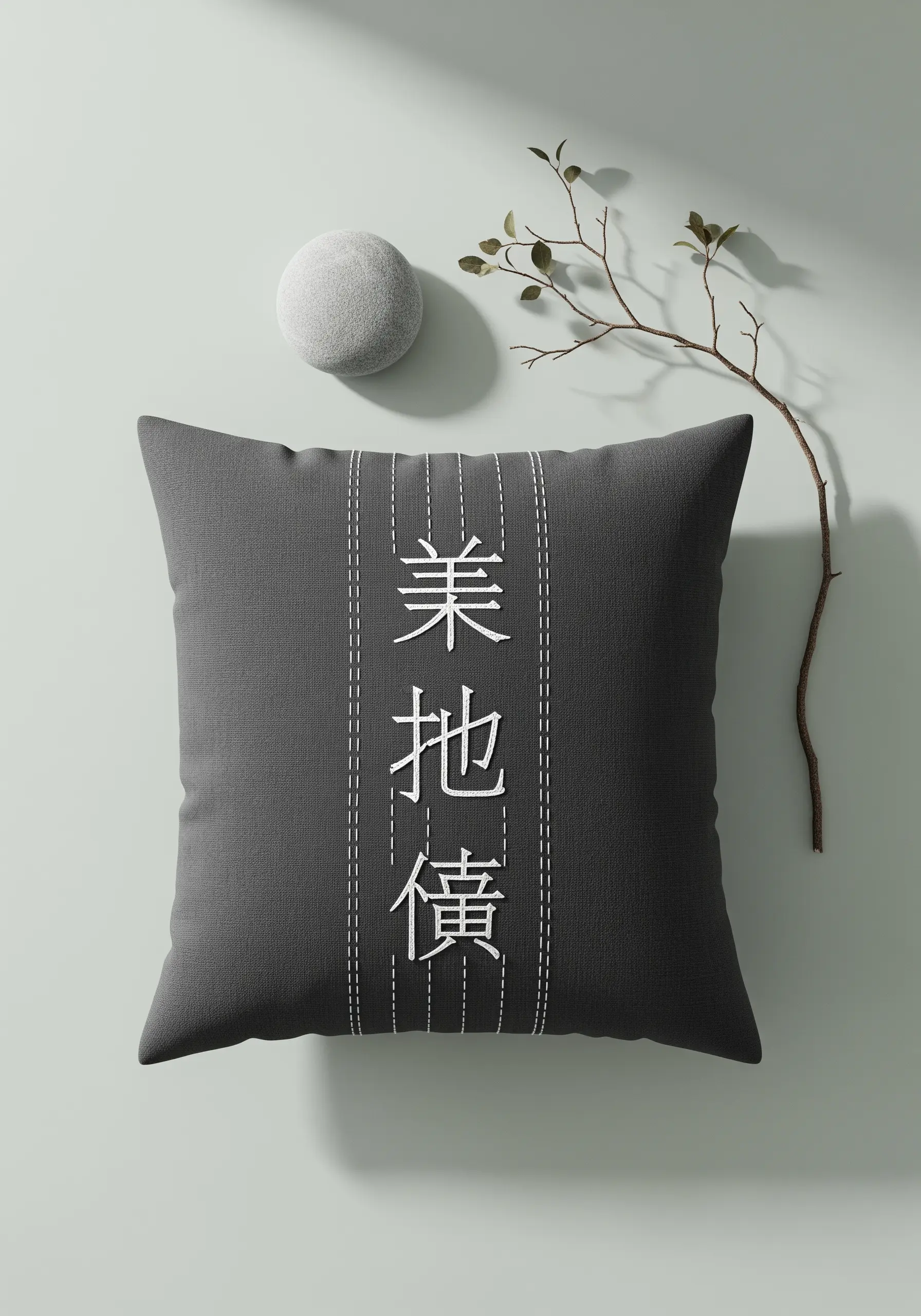 Charcoal grey pillow with white vertical Japanese Sashiko text embroidery