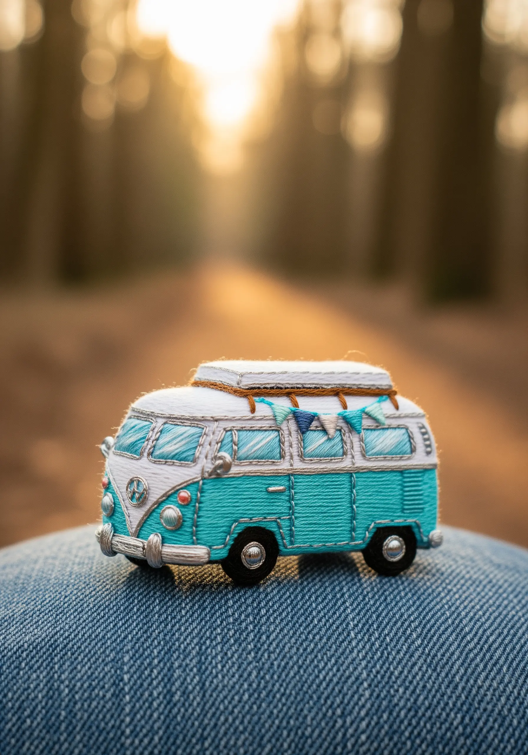 A detailed miniature embroidered VW van brooch with clean satin stitch and silver thread details.