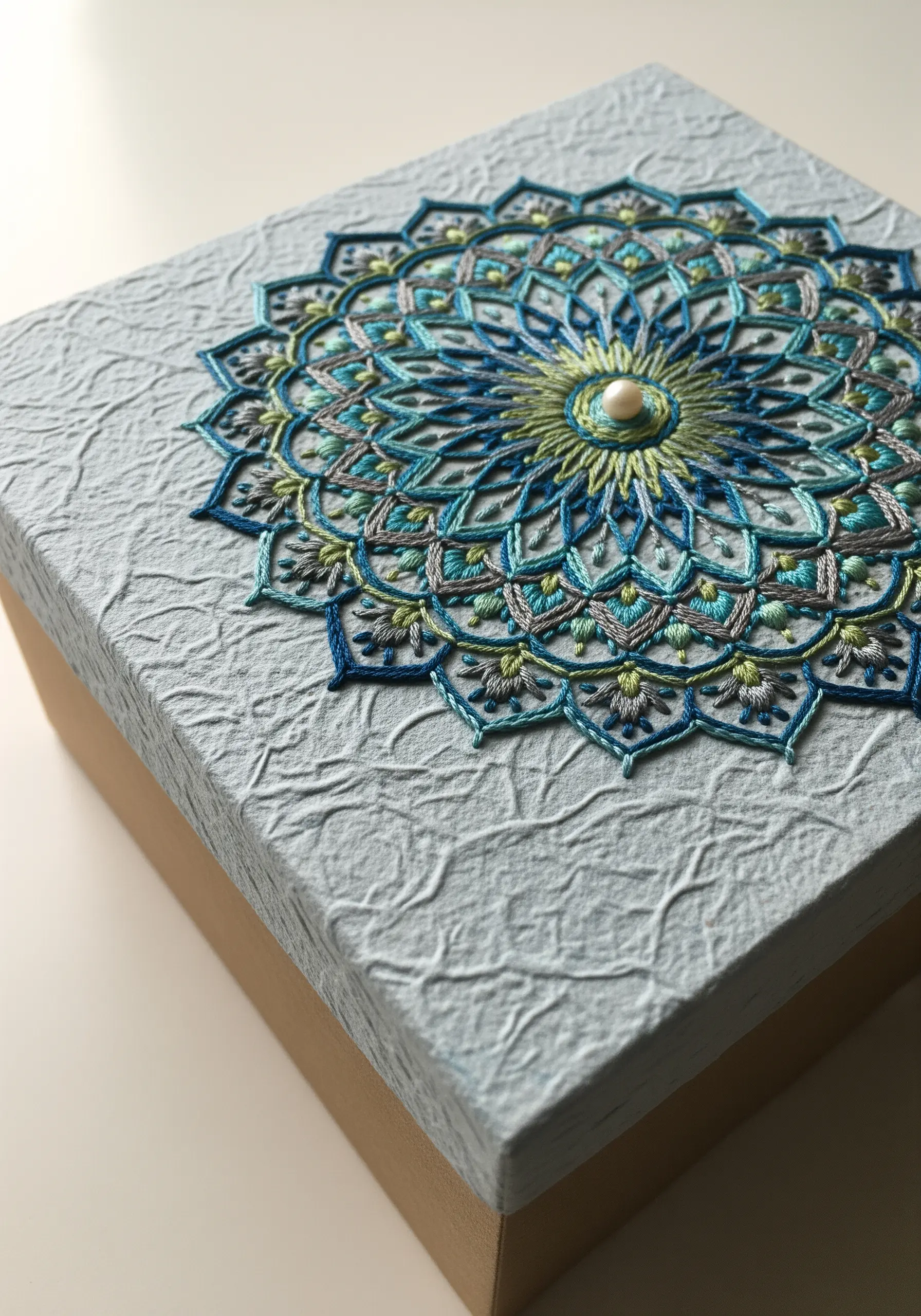 An intricate blue and green embroidered mandala on the textured lid of a gift box.