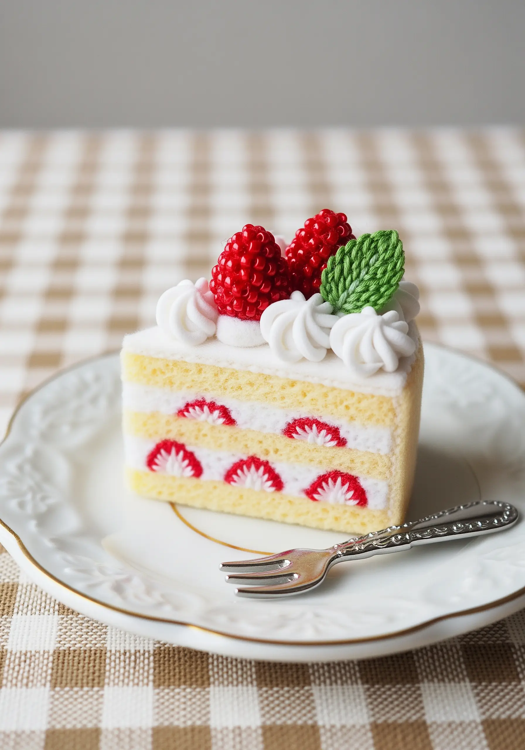 A slice of felt strawberry shortcake with embroidered strawberry details and felt whipped cream.