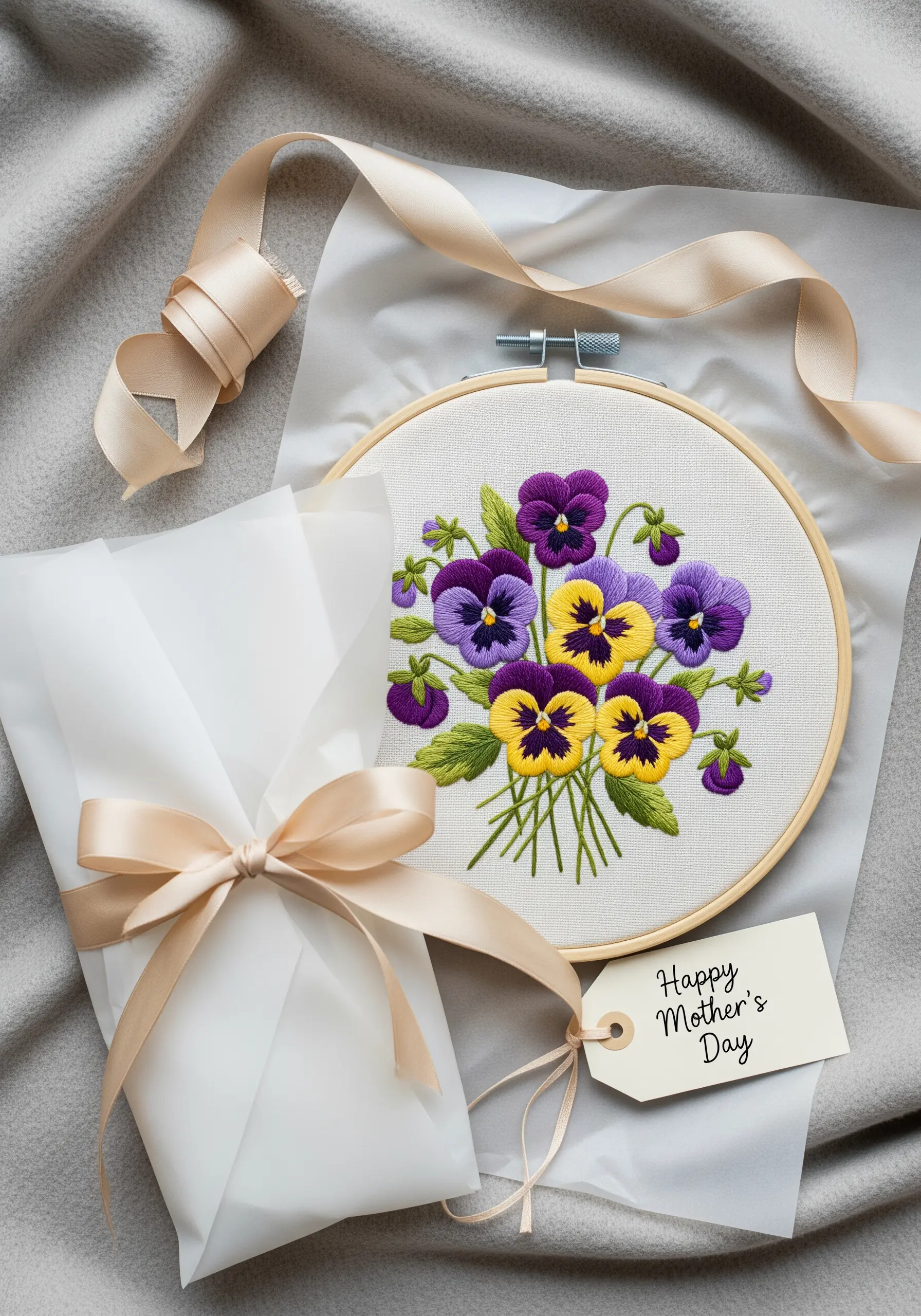 An embroidered pansy bouquet in a hoop, beautifully wrapped with tissue paper and a ribbon.