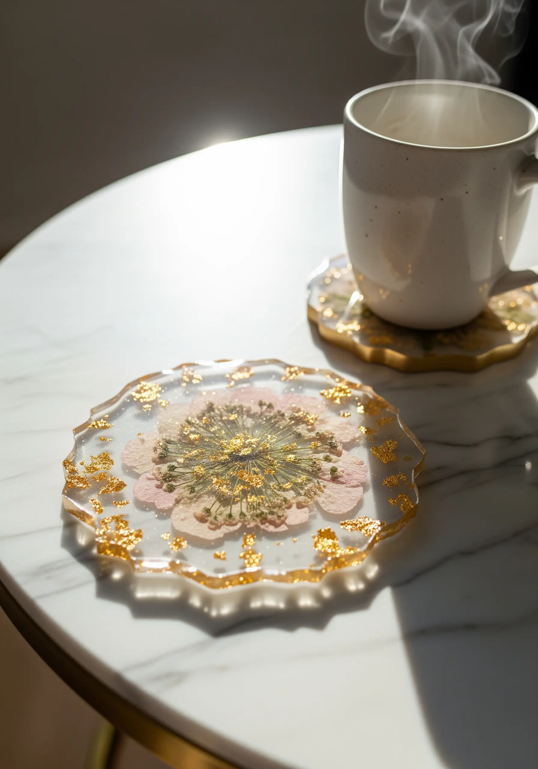 A resin coaster with a pressed pink flower and gold leaf flakes.