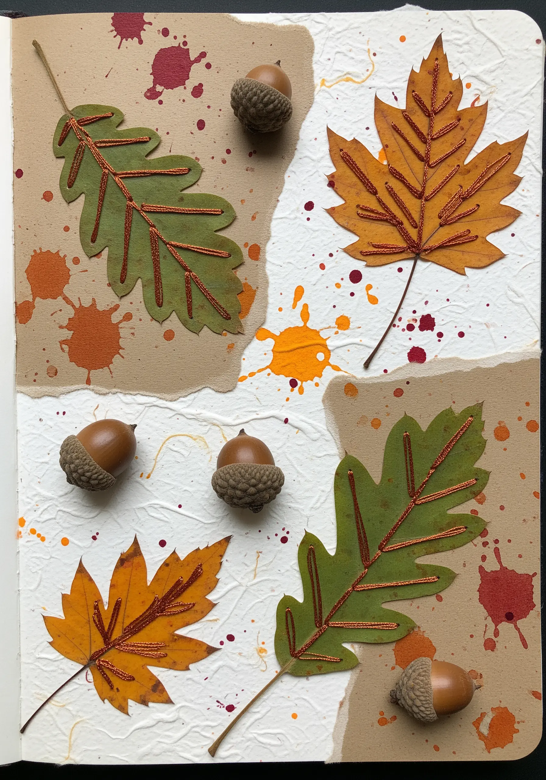 Art journal page with pressed autumn leaves, their veins stitched with couched copper thread.