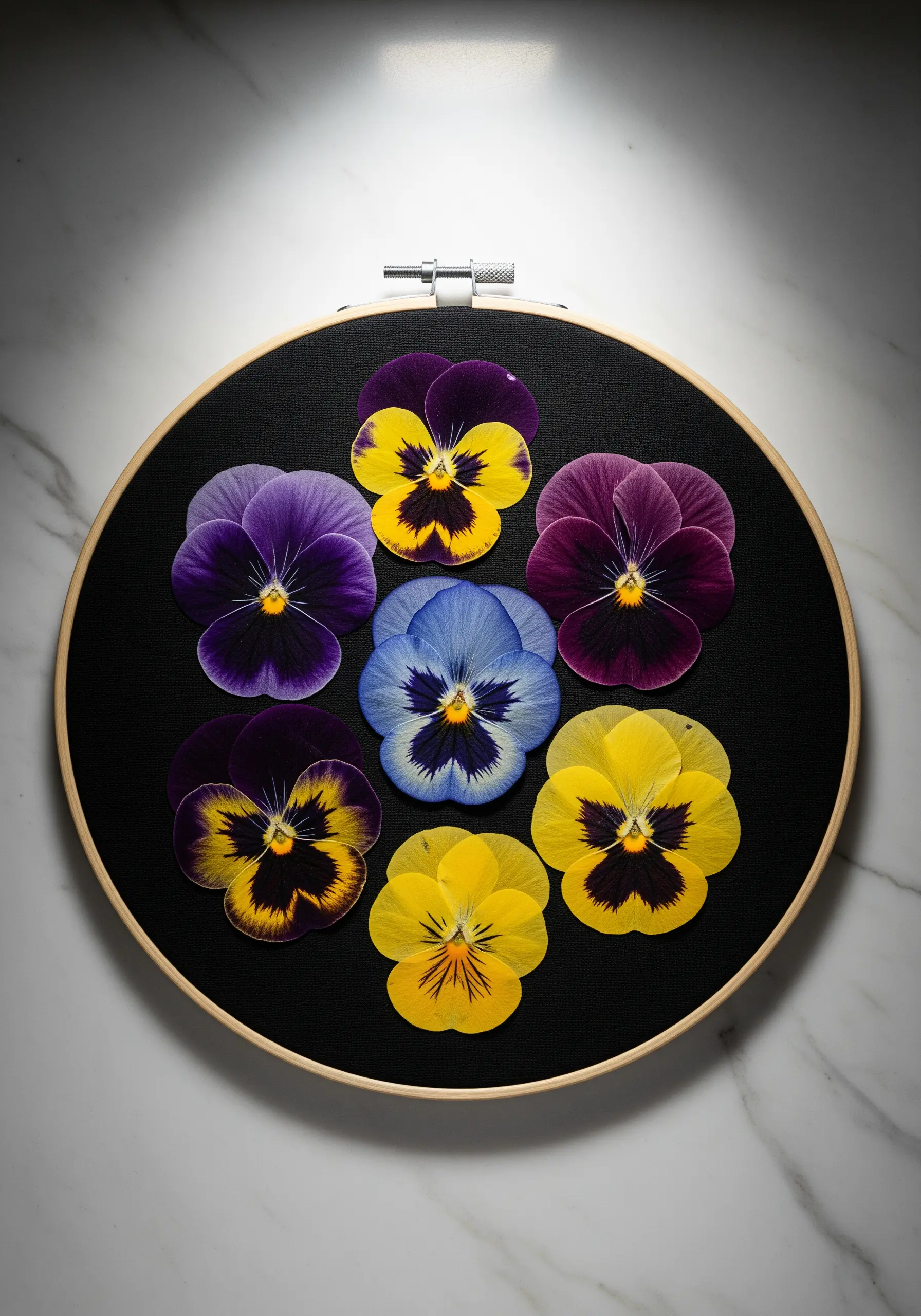 A collection of colorful real pressed pansies arranged inside an embroidery hoop on black fabric.