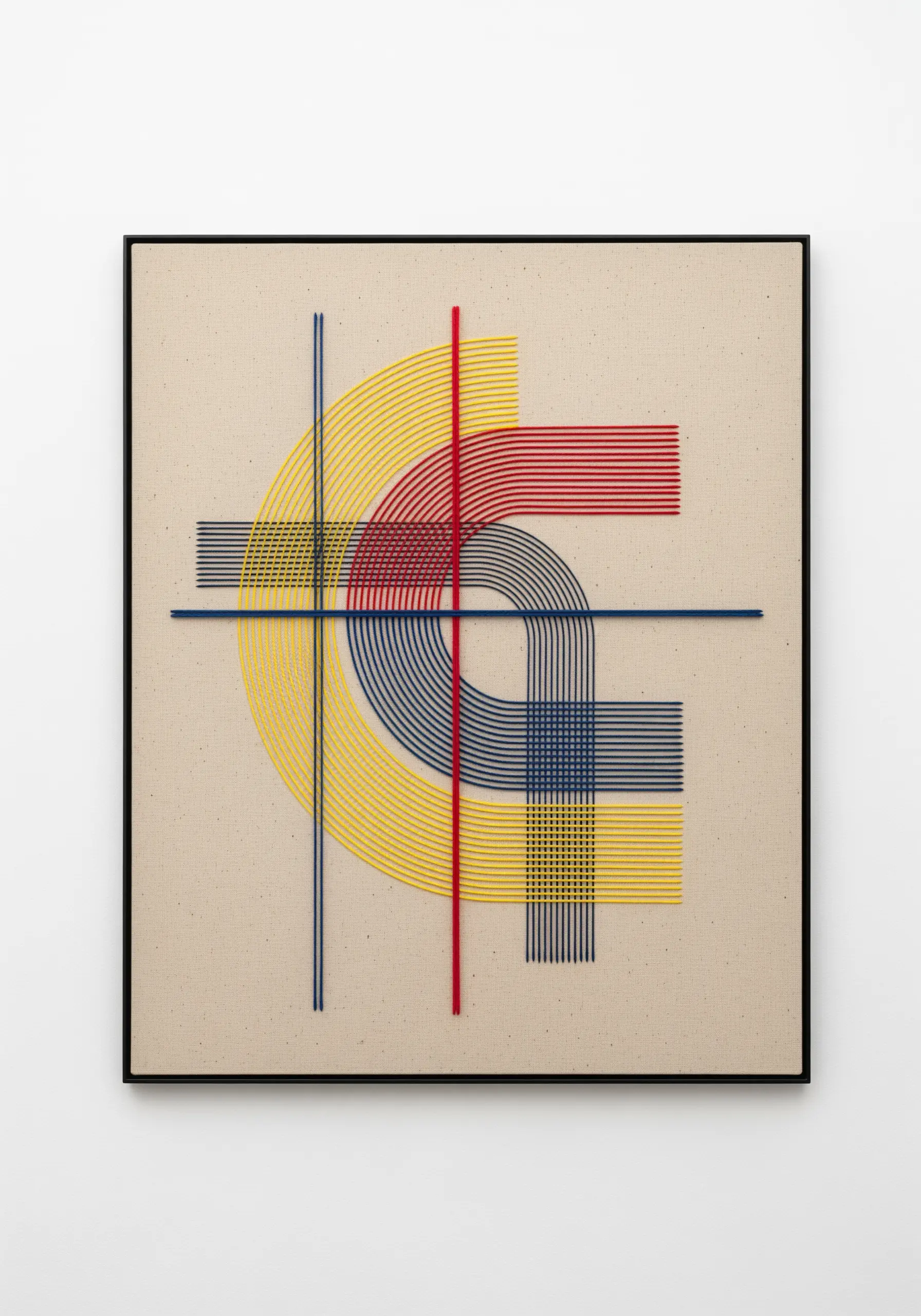 Abstract linear embroidery with yellow, red, and blue curves