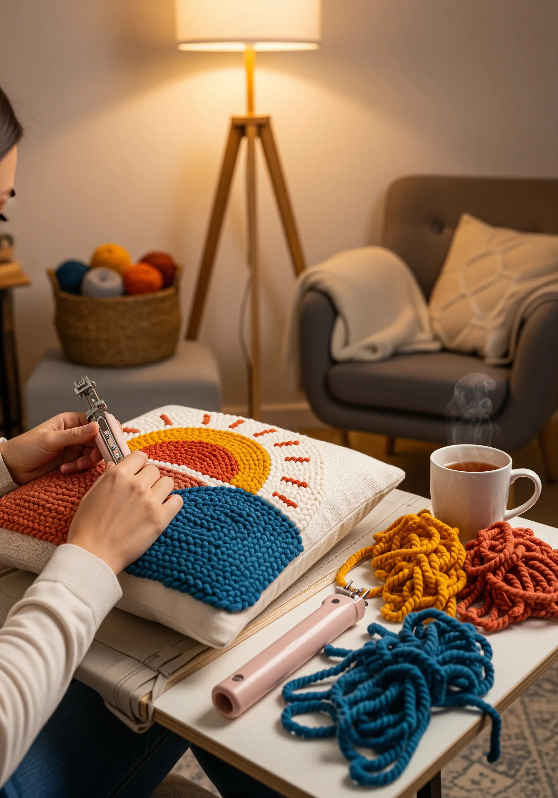 Punch needle pillow with abstract sun motif in blue, orange, yellow, and red yarns.