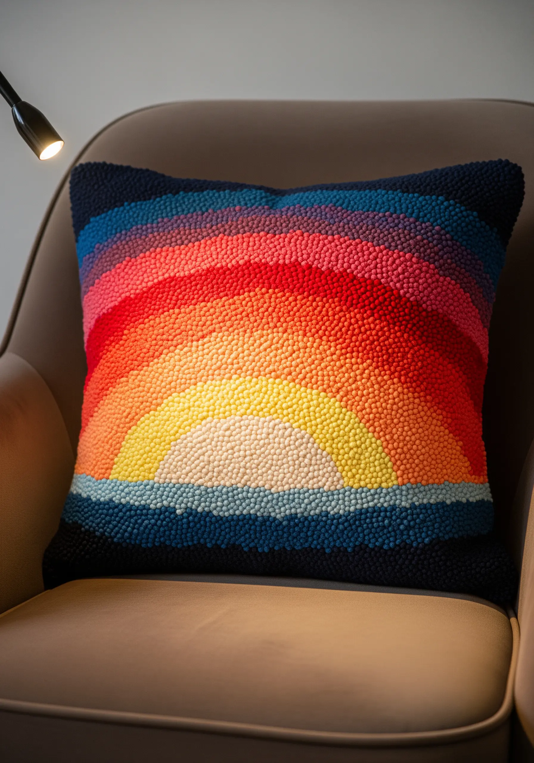 Close-up of a punch needle cushion with a vibrant rainbow sunset design.