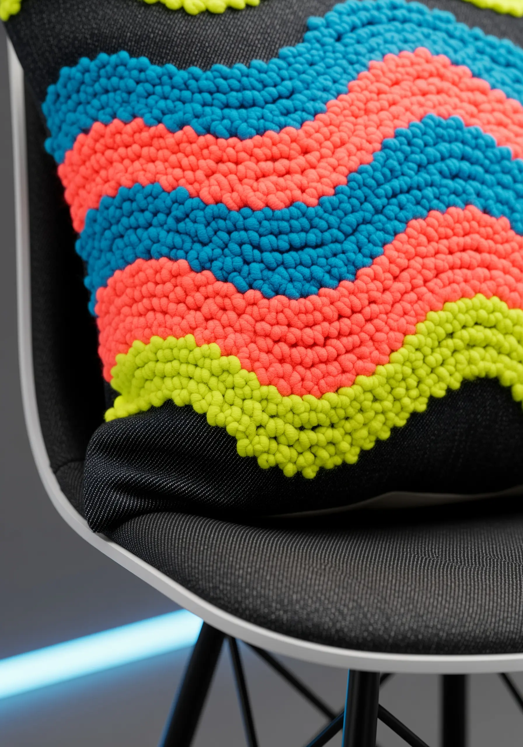 Punch needle pillow with neon wave pattern