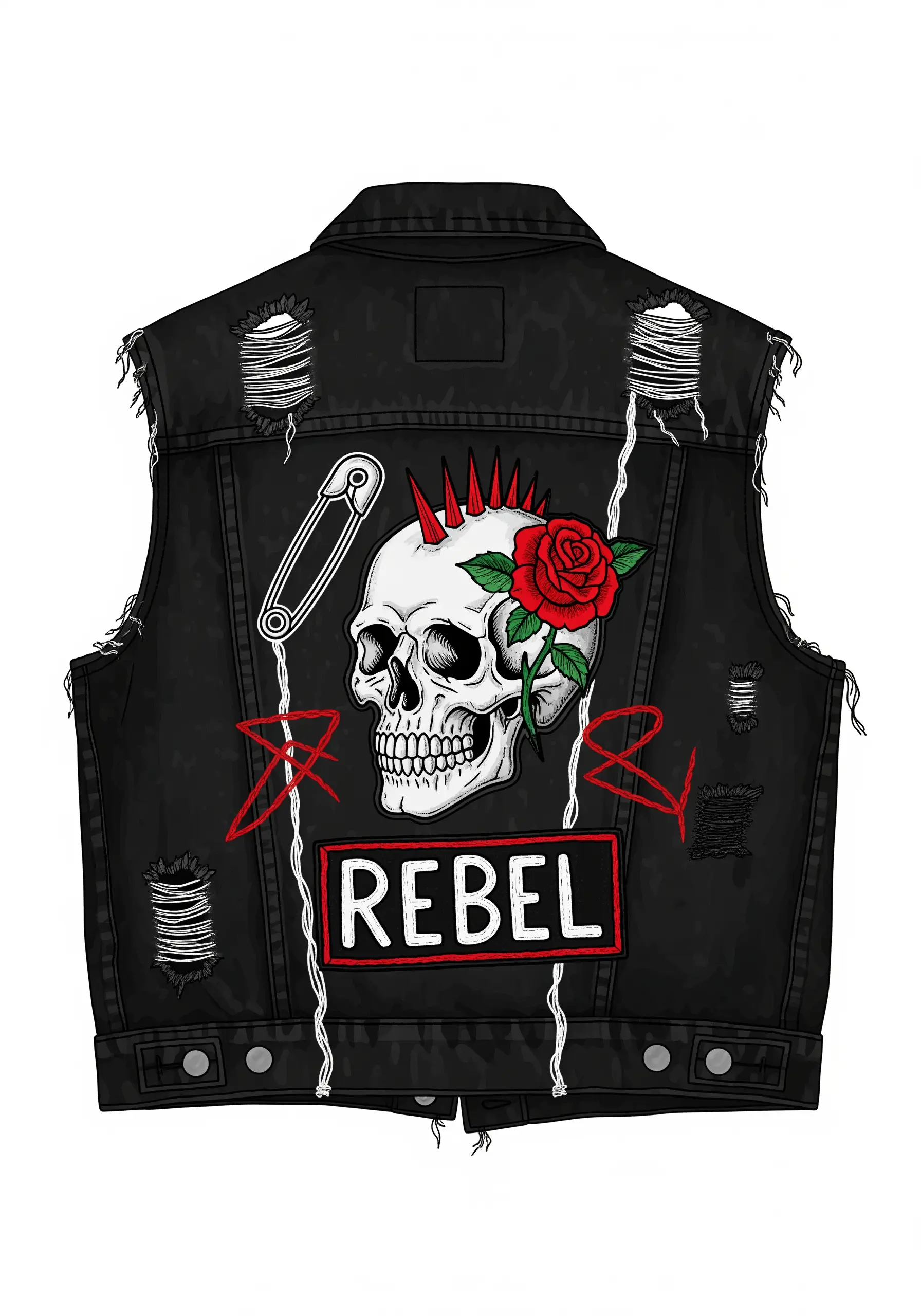 A punk-style illustration of a skull, red rose, and safety pin on a ripped denim vest.