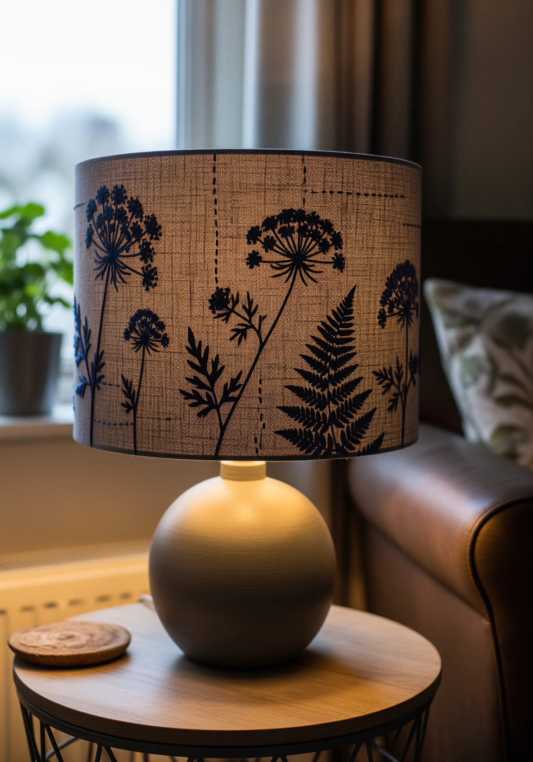 Dark blue embroidered silhouettes of Queen Anne's lace and ferns on a linen lampshade.