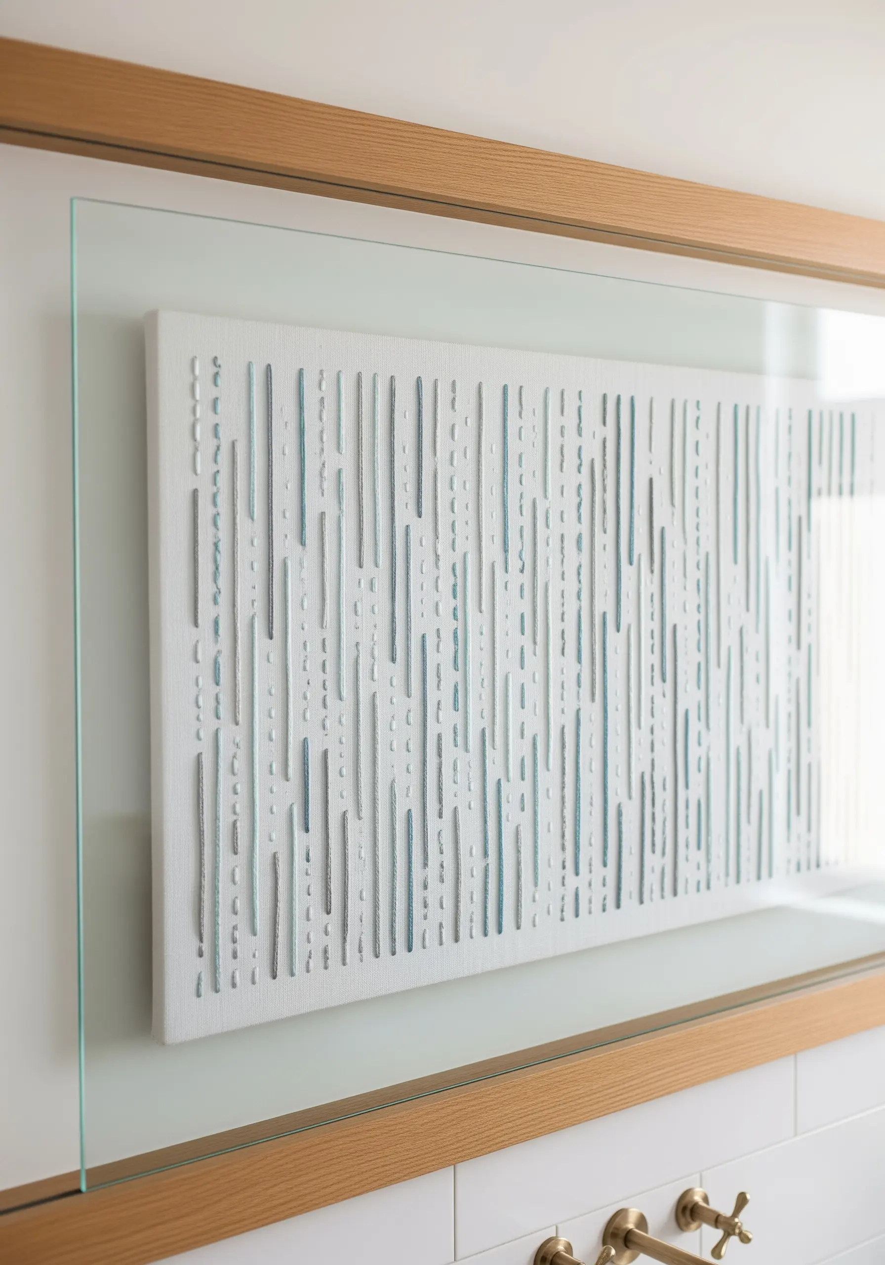 Abstract art with vertical satin stitches in muted blue and grey tones on white canvas.