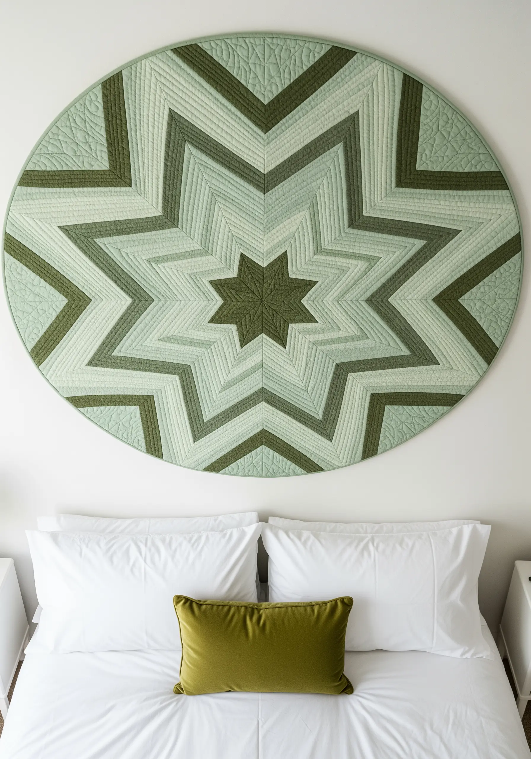 A large circular quilted wall hanging in shades of green with a radiating star pattern.