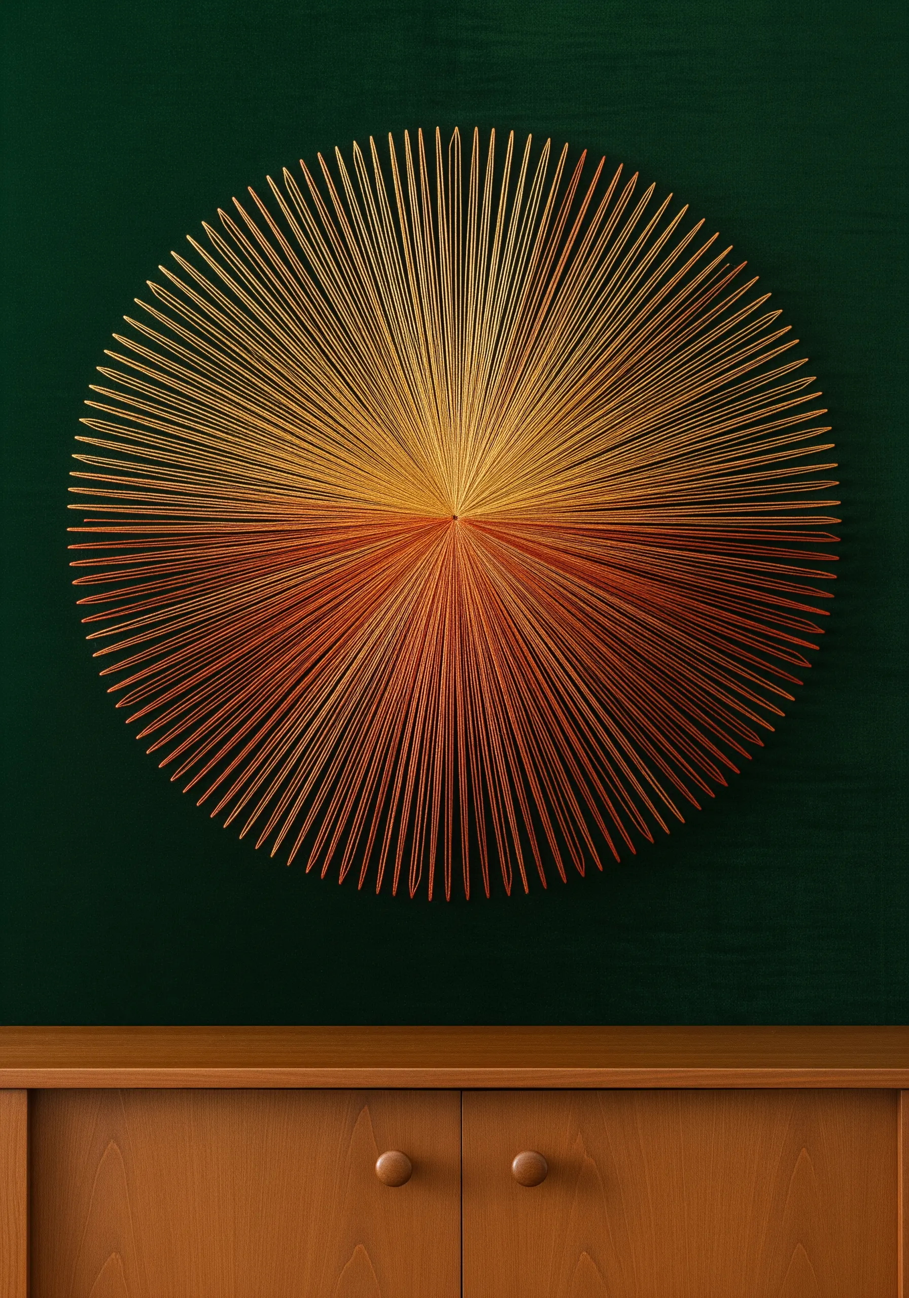 Circular sunburst embroidery with orange to yellow gradient