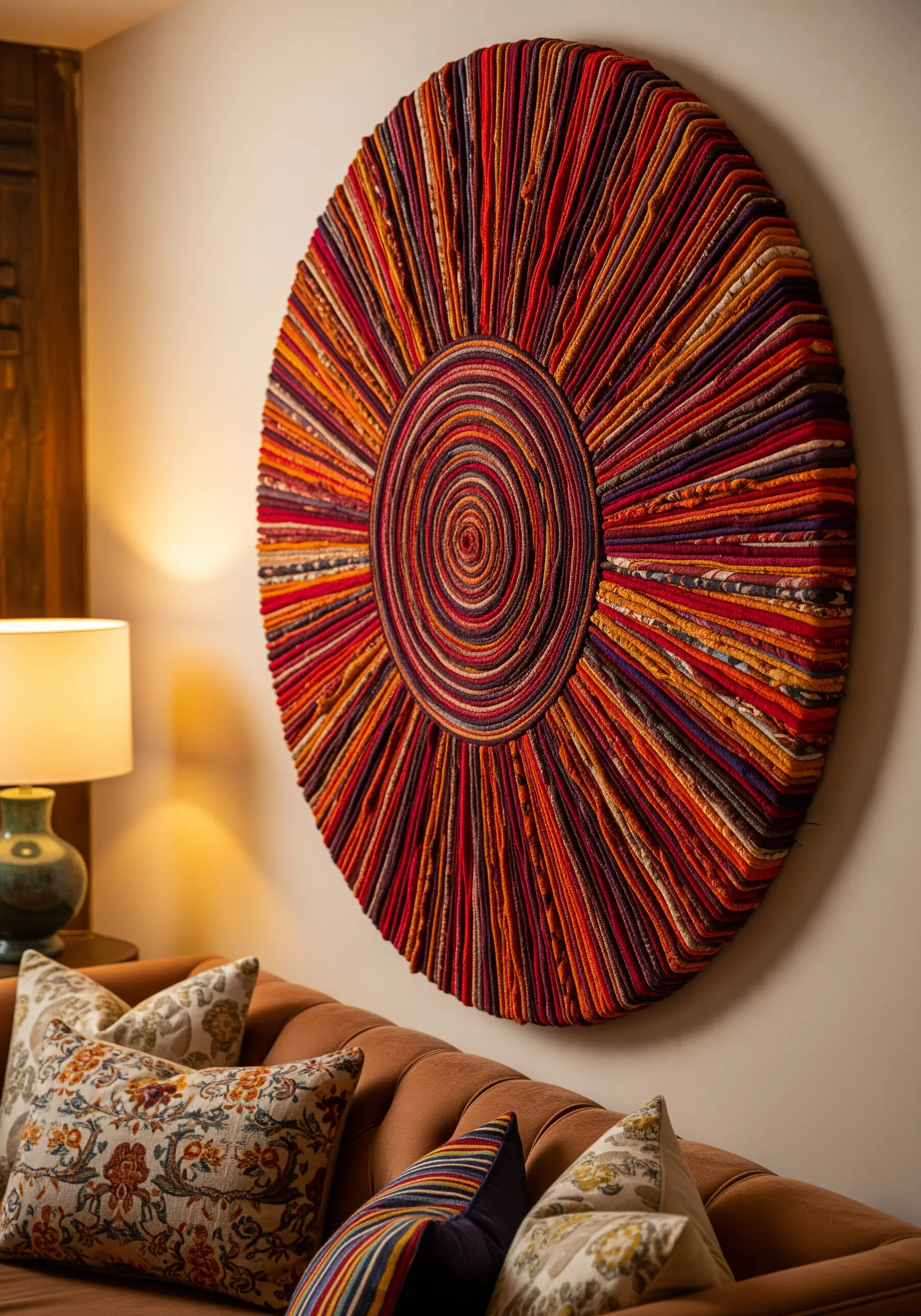 A large, circular wall sculpture with colorful yarn wrapped radially from the center.