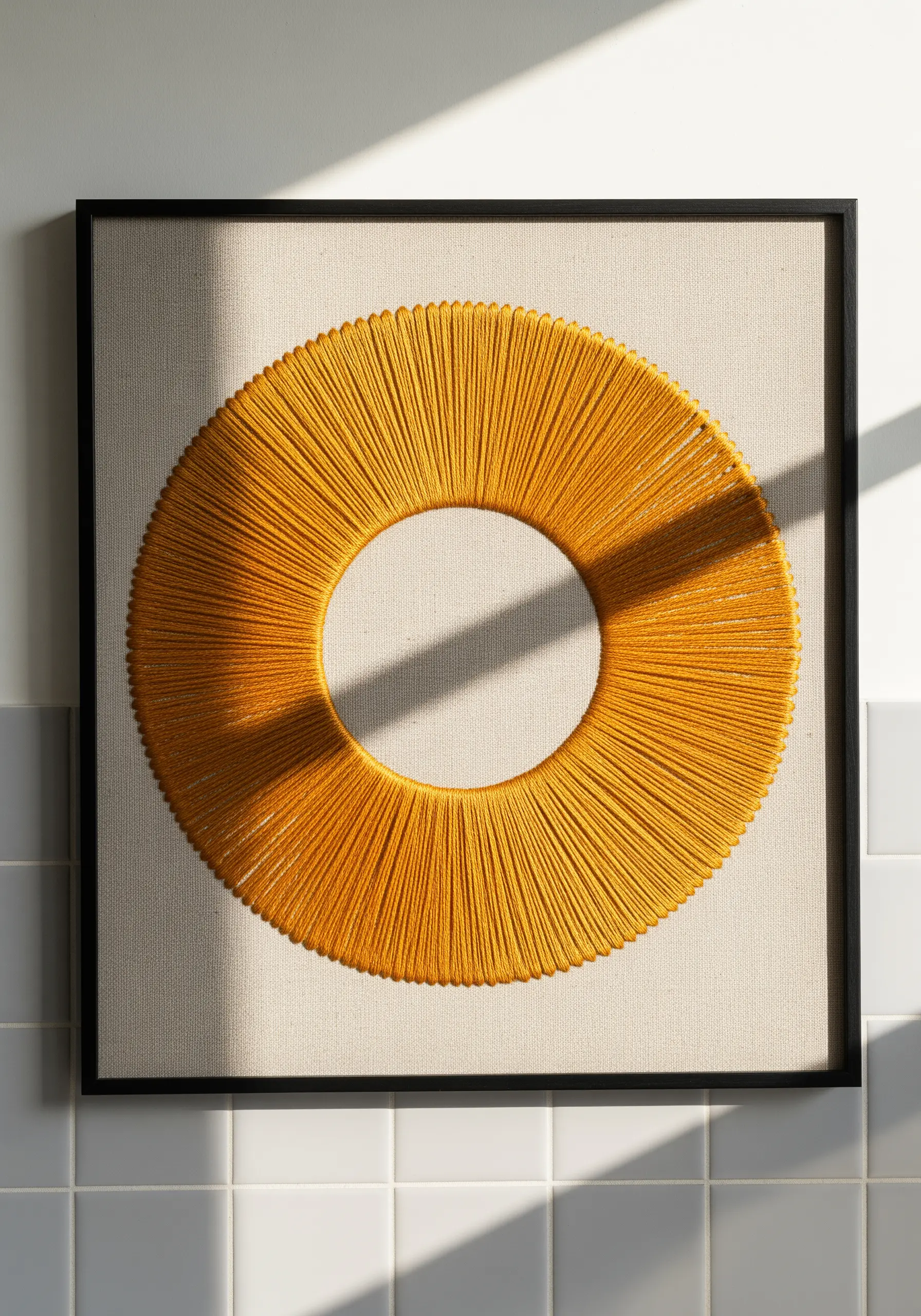 A sunburst pattern made with yellow thread wrapped radially in a square frame.