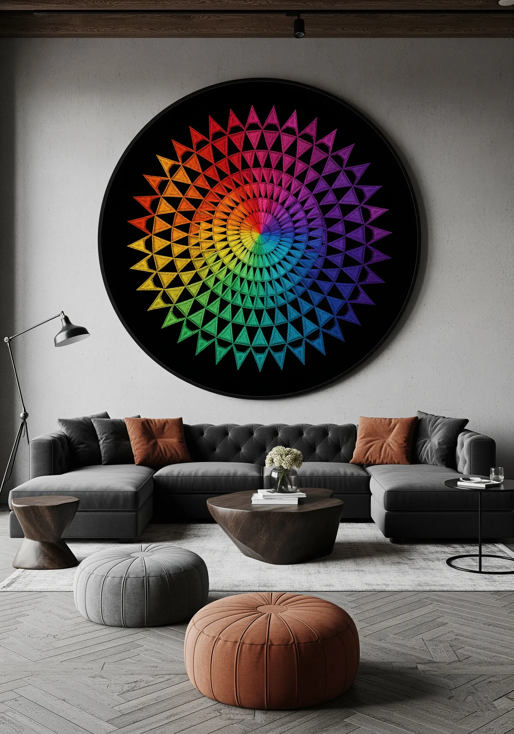 Large circular embroidery piece on black fabric with a rainbow gradient geometric mandala pattern