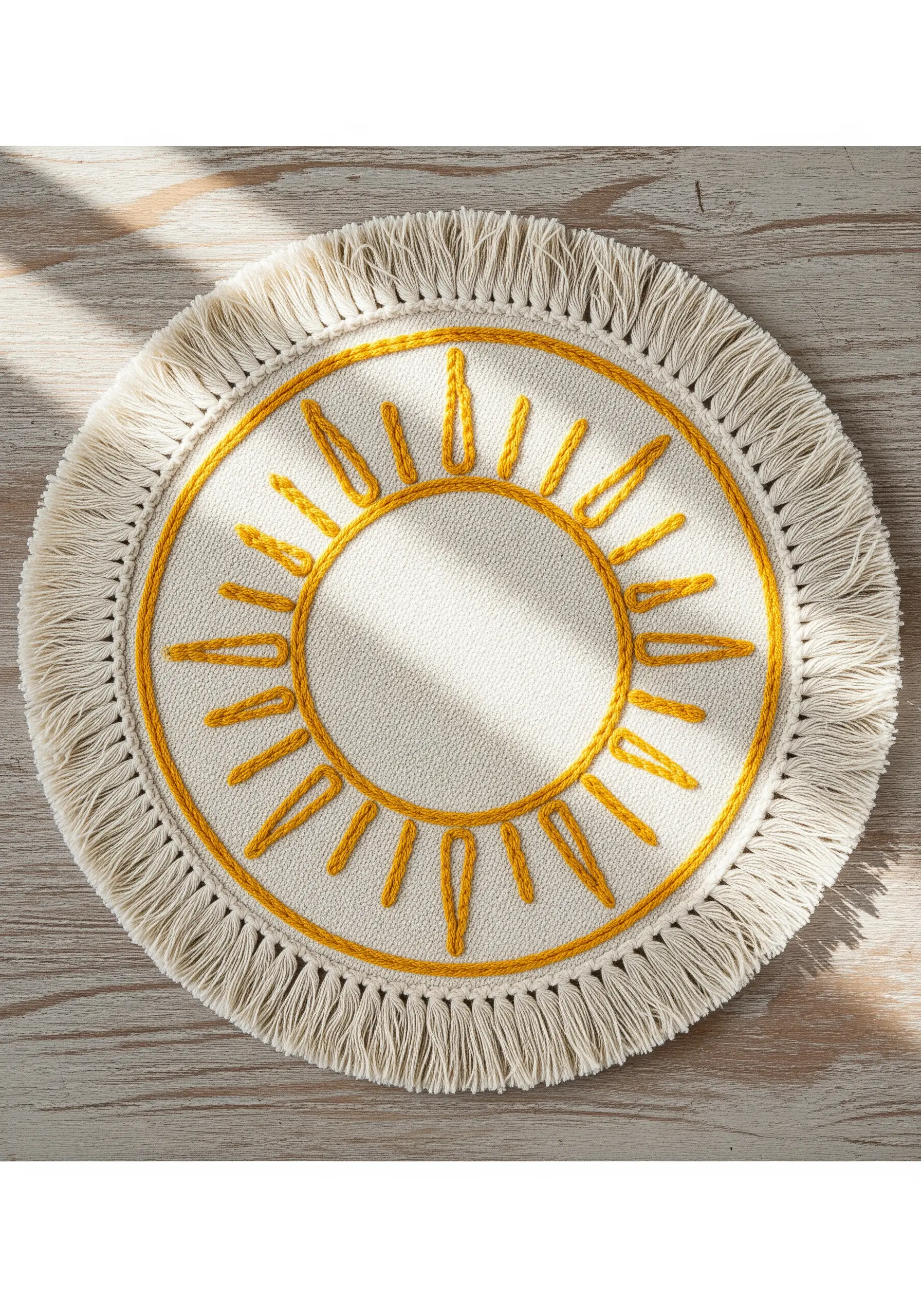 A round, fringed placemat with a yellow sun embroidered with satin and chain stitches.