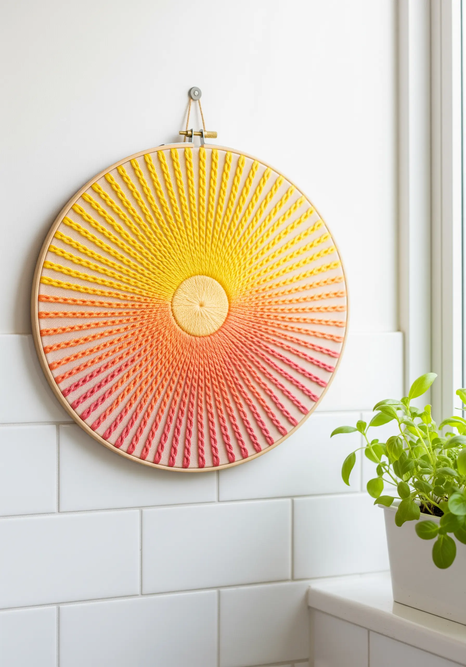 Hoop art with radiating stitches in a yellow, orange, and pink sunburst gradient.