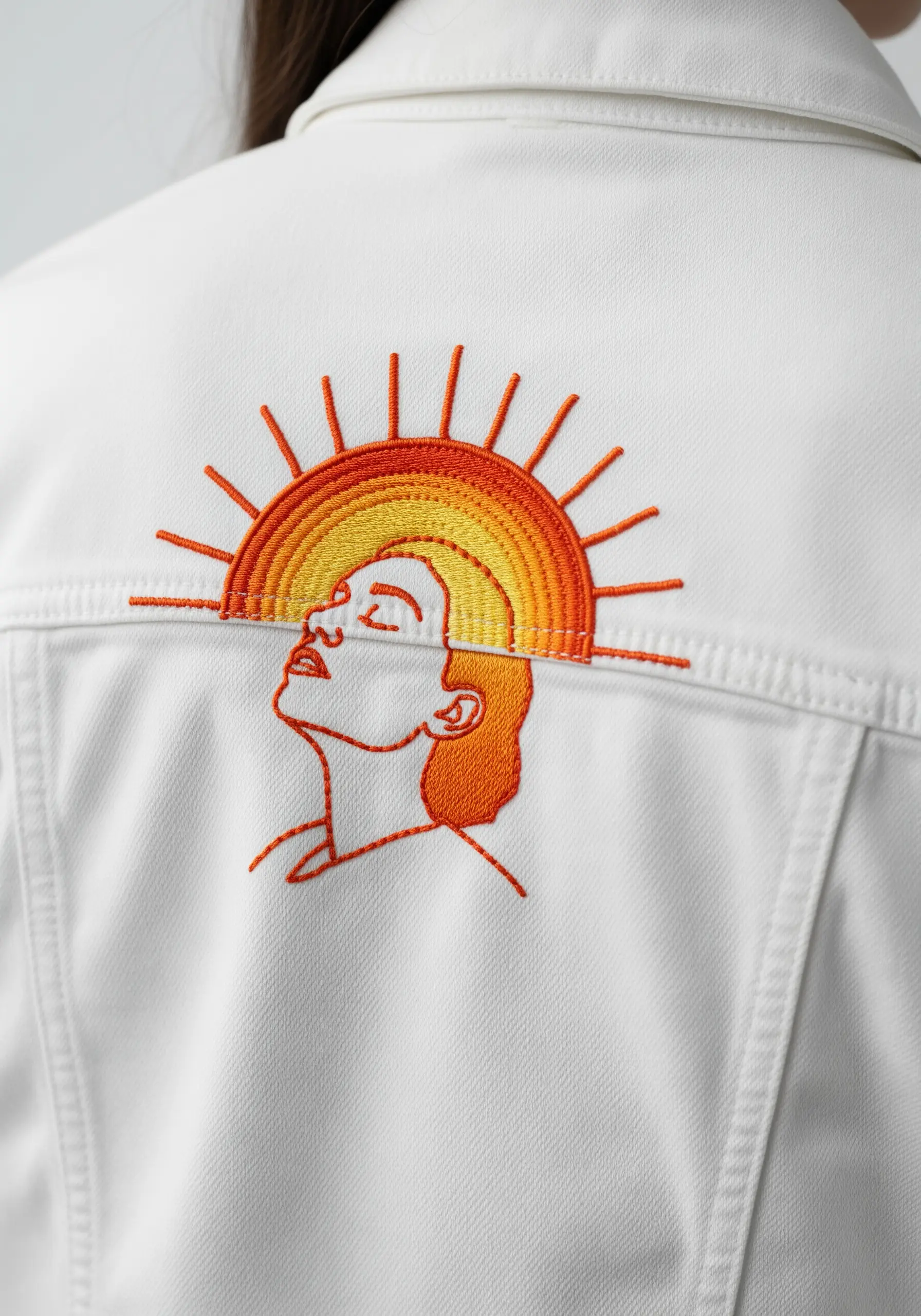 Line-art portrait on a white jacket with a radiating sunset-colored rainbow stitched overhead.